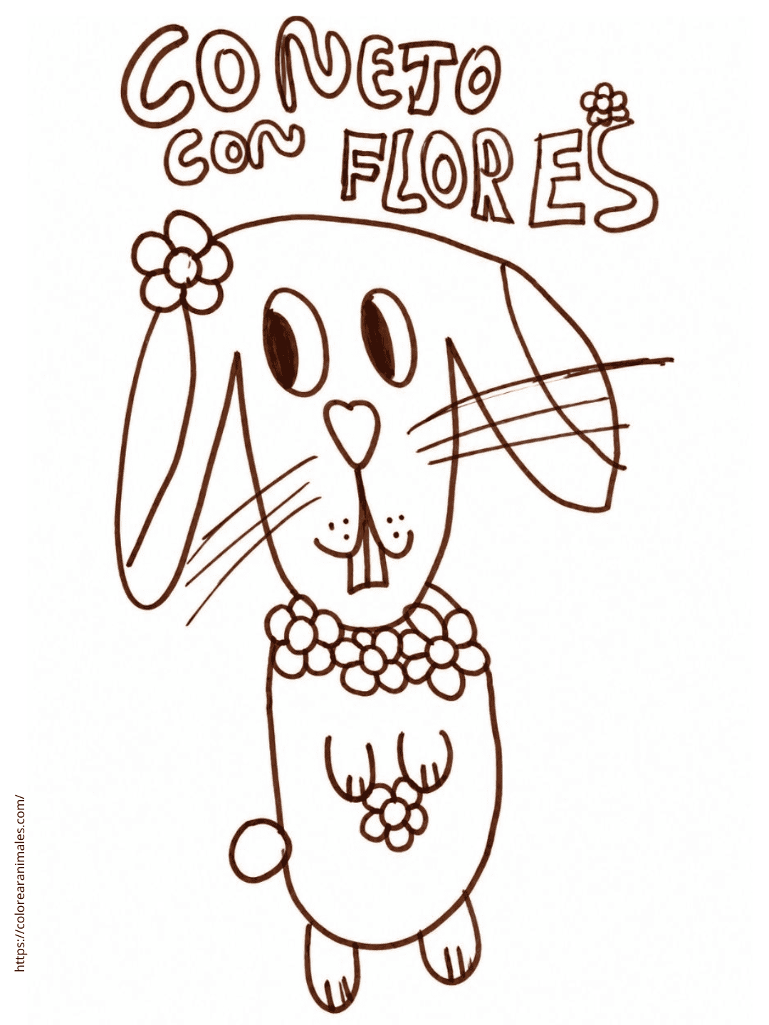 conejo con flores para colorear dibujado a mano por Emma de 8 años