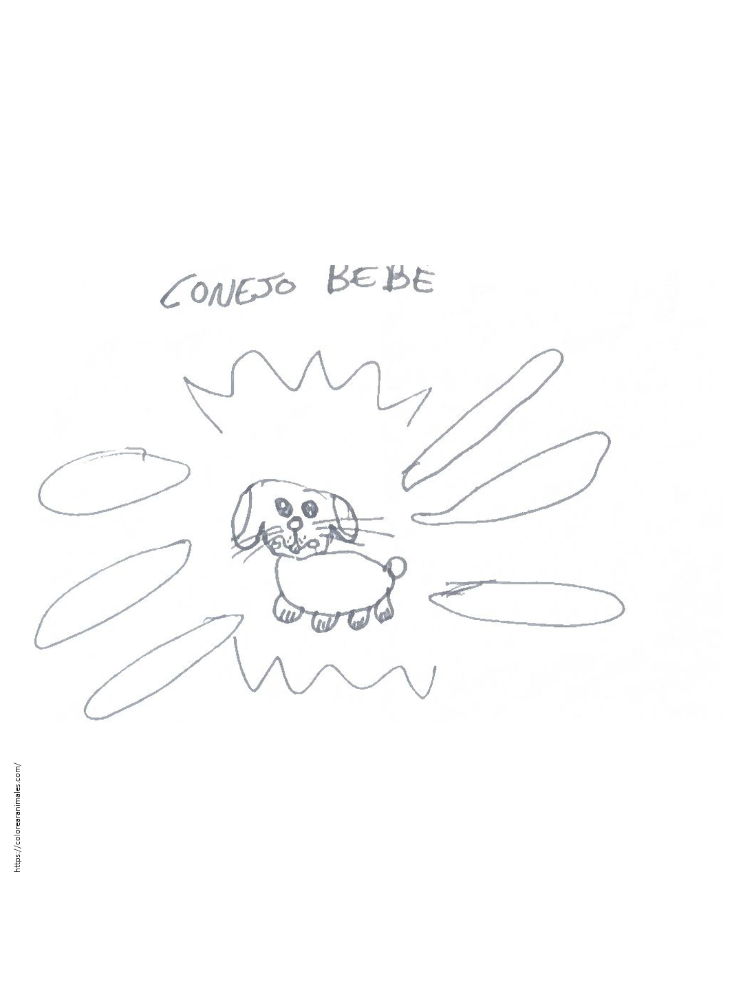 dibujo de conejo bebe para colorear a lapiz, conejito pequeno con destellos hecho a mano para ninos