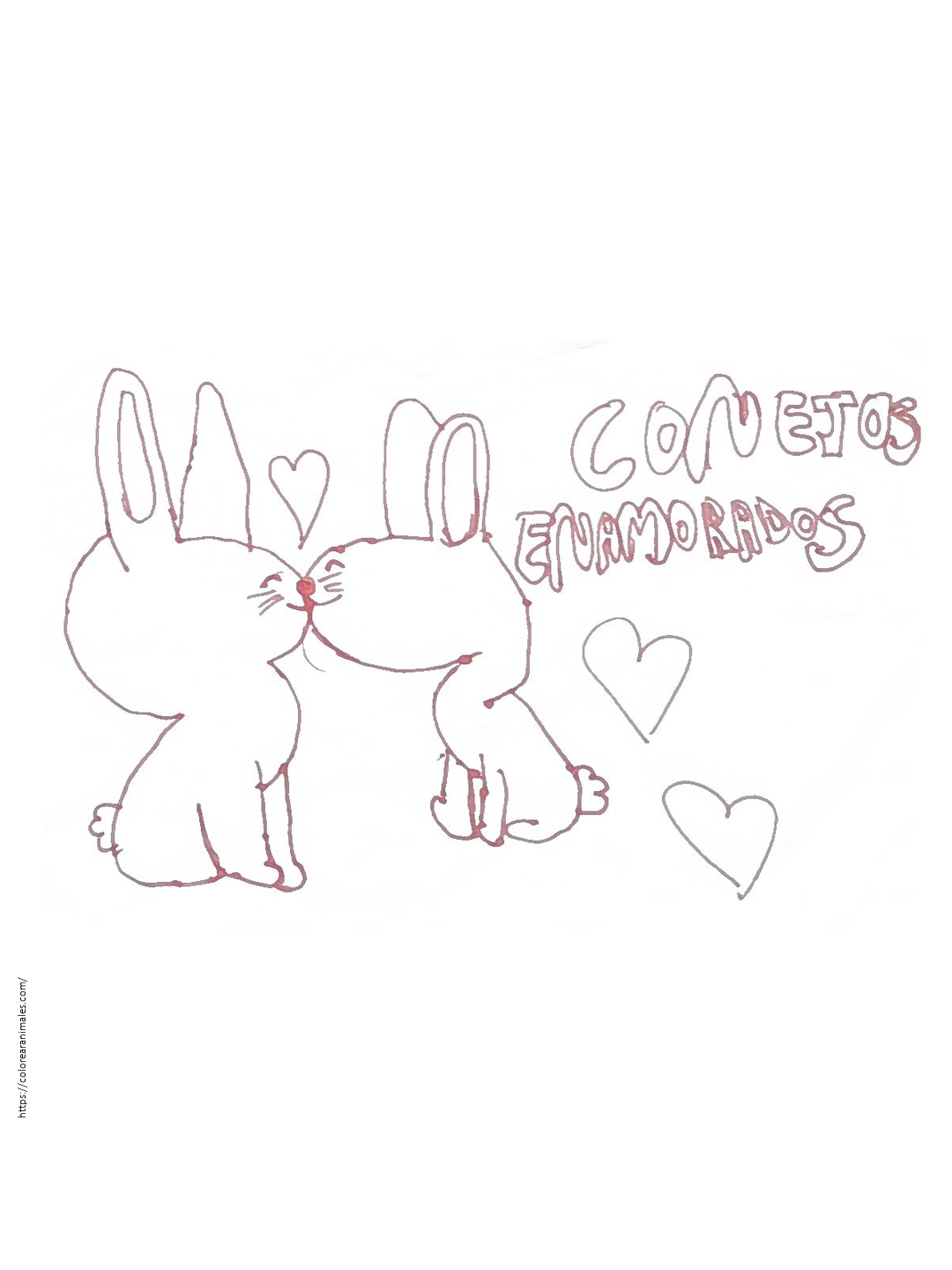 dibujo de conejos enamorados para colorear, pareja de conejitos con corazones hecho a mano para ninos