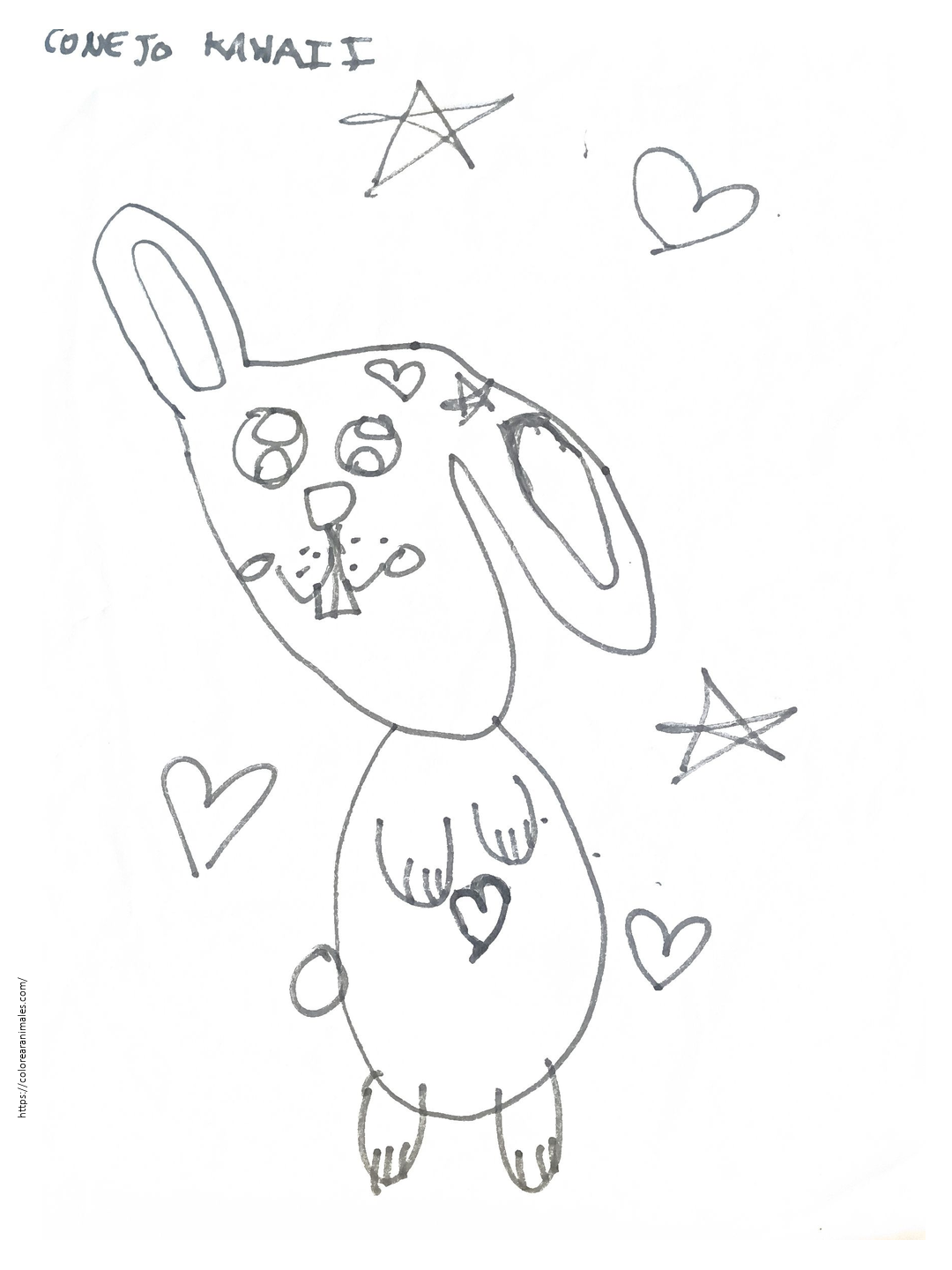 dibujo de conejo kawaii para colorear, conejito estilo kawaii con expresion tierna hecho a mano