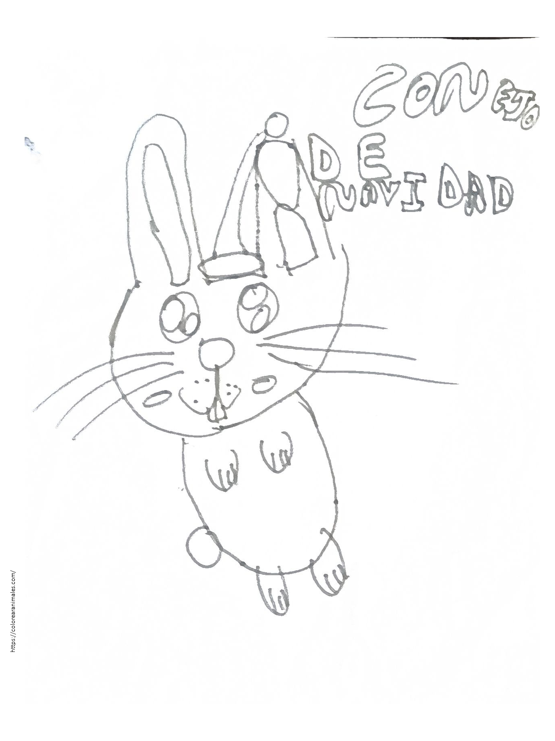 dibujo de conejo navidad para colorear a lapiz, conejito con gorro navideno hecho a mano para ninos
