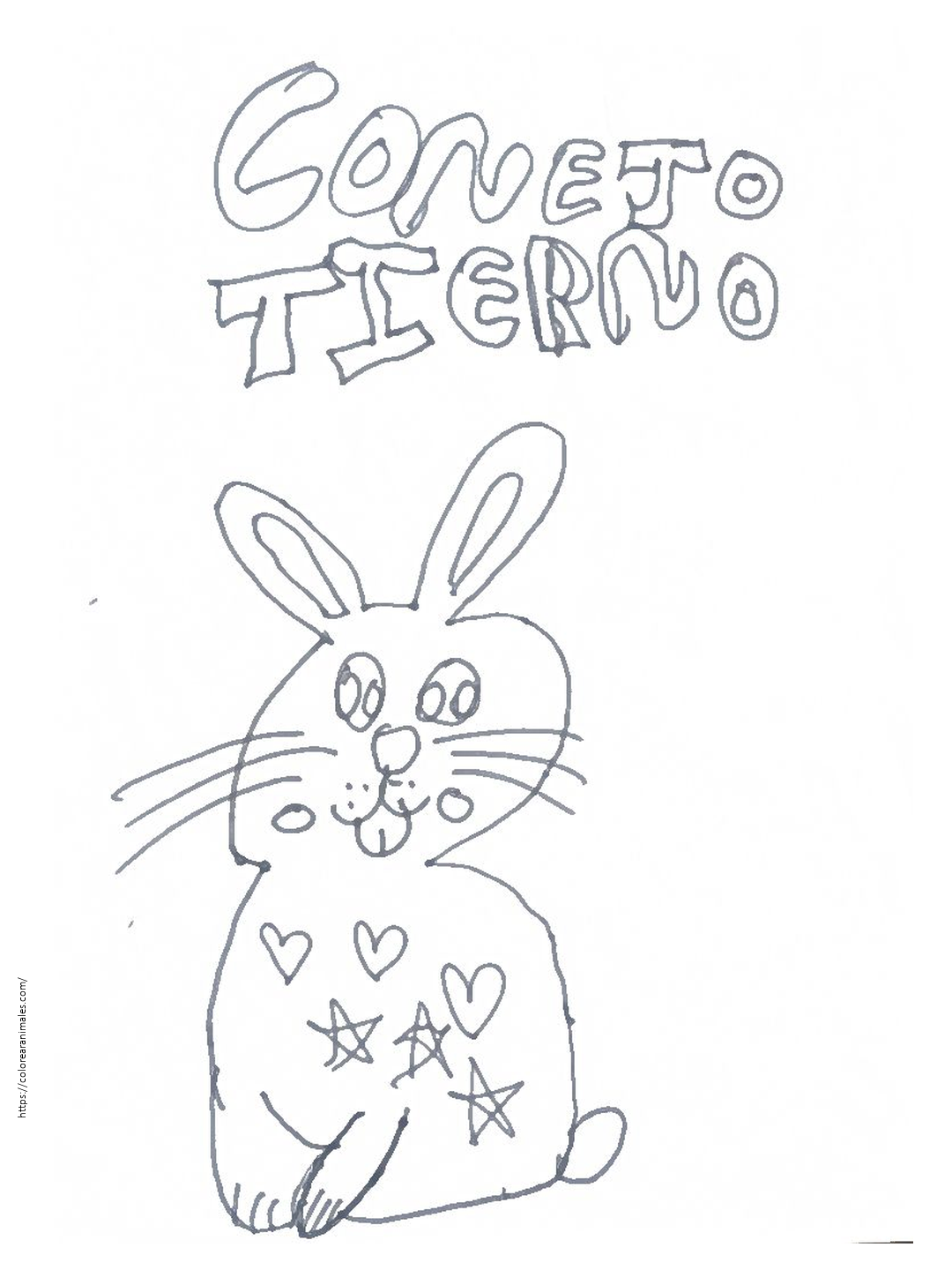 dibujo de conejo tierno para colorear, conejito con cara dulce y ojos grandes hecho a mano para ninos