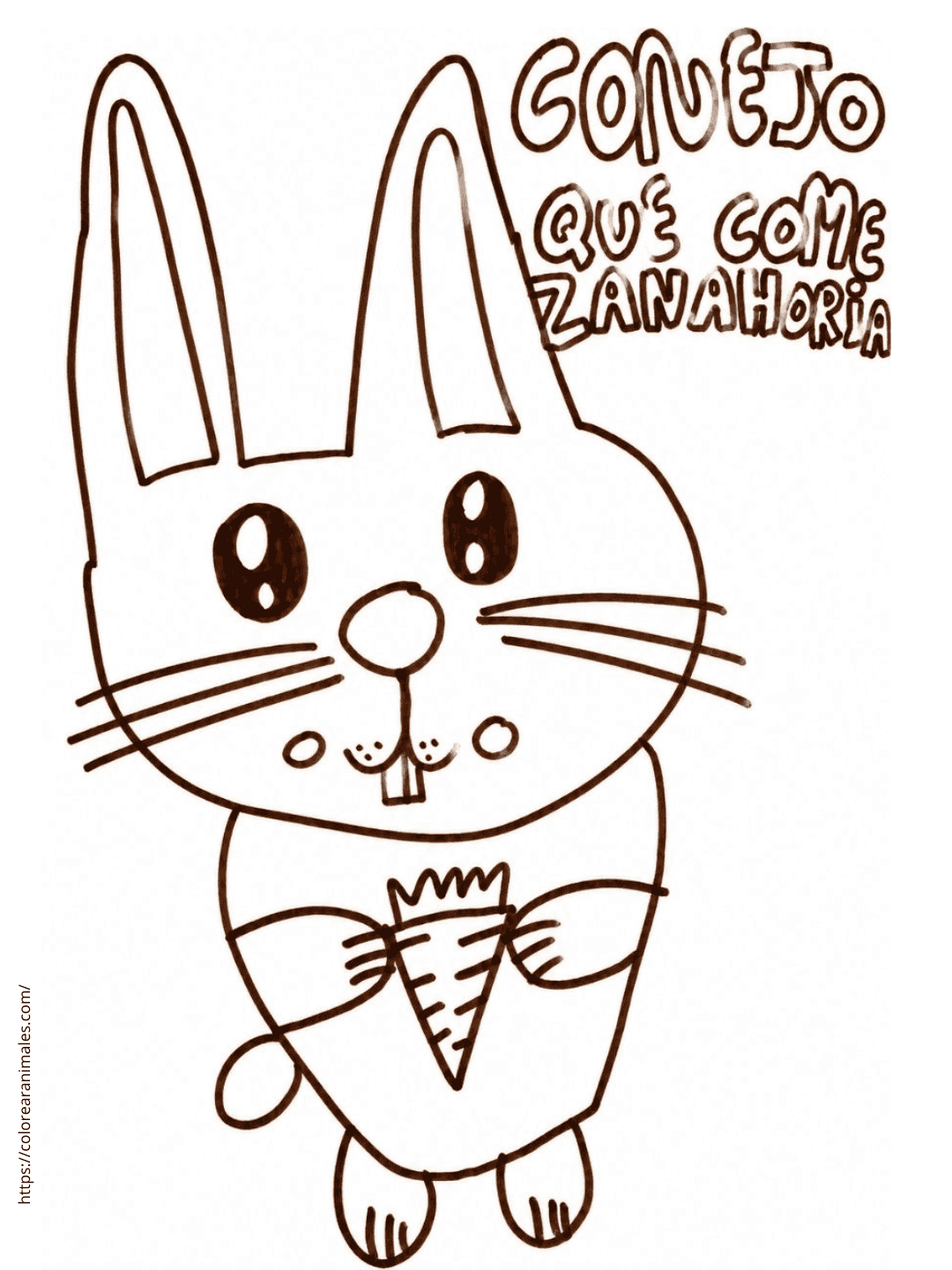 conejo con zanahoria para colorear dibujado a mano por Emma de 8 años