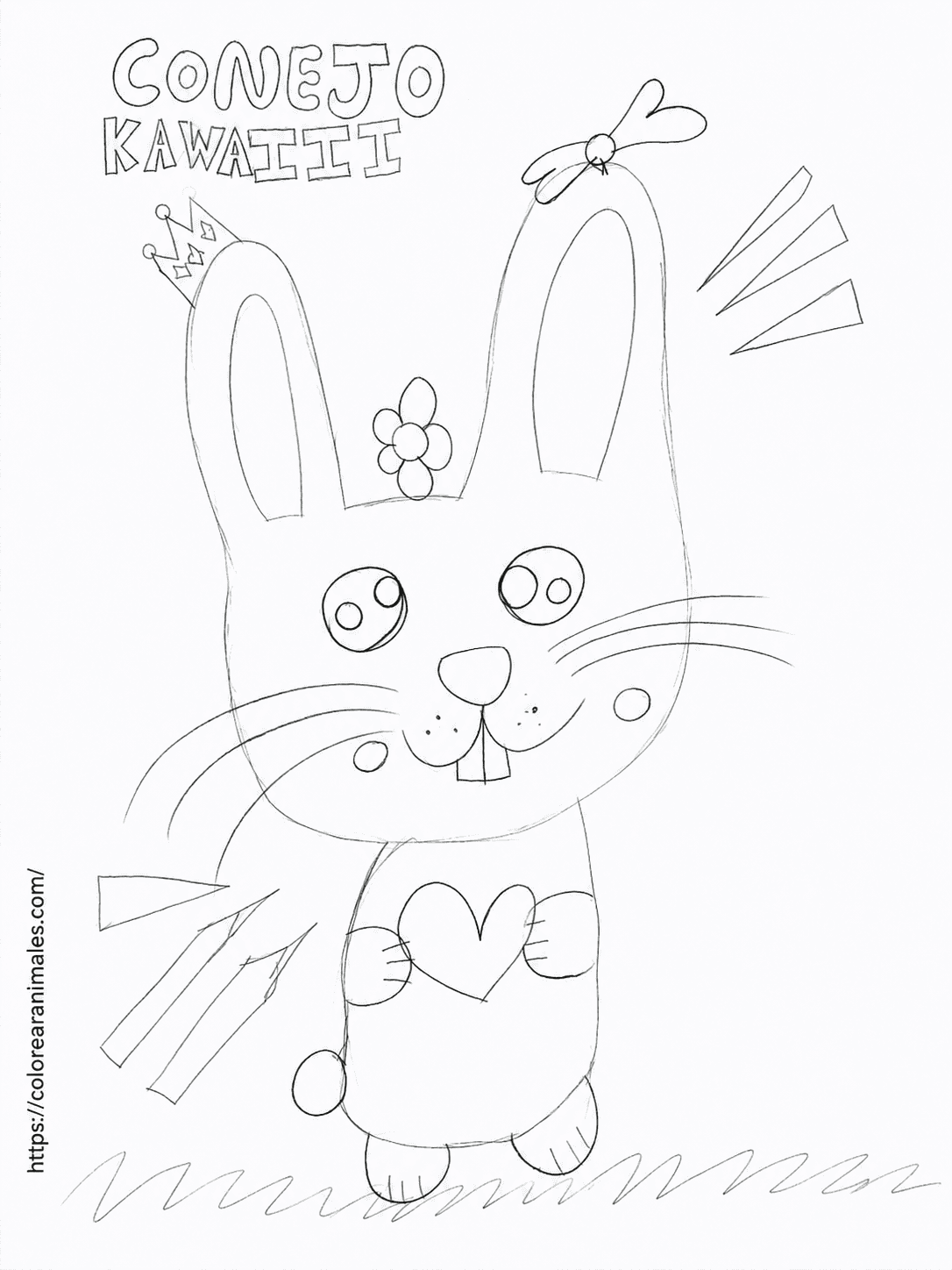 conejo kawaii para colorear dibujado a mano por Emma, ojos grandes y mejillas sonrosadas