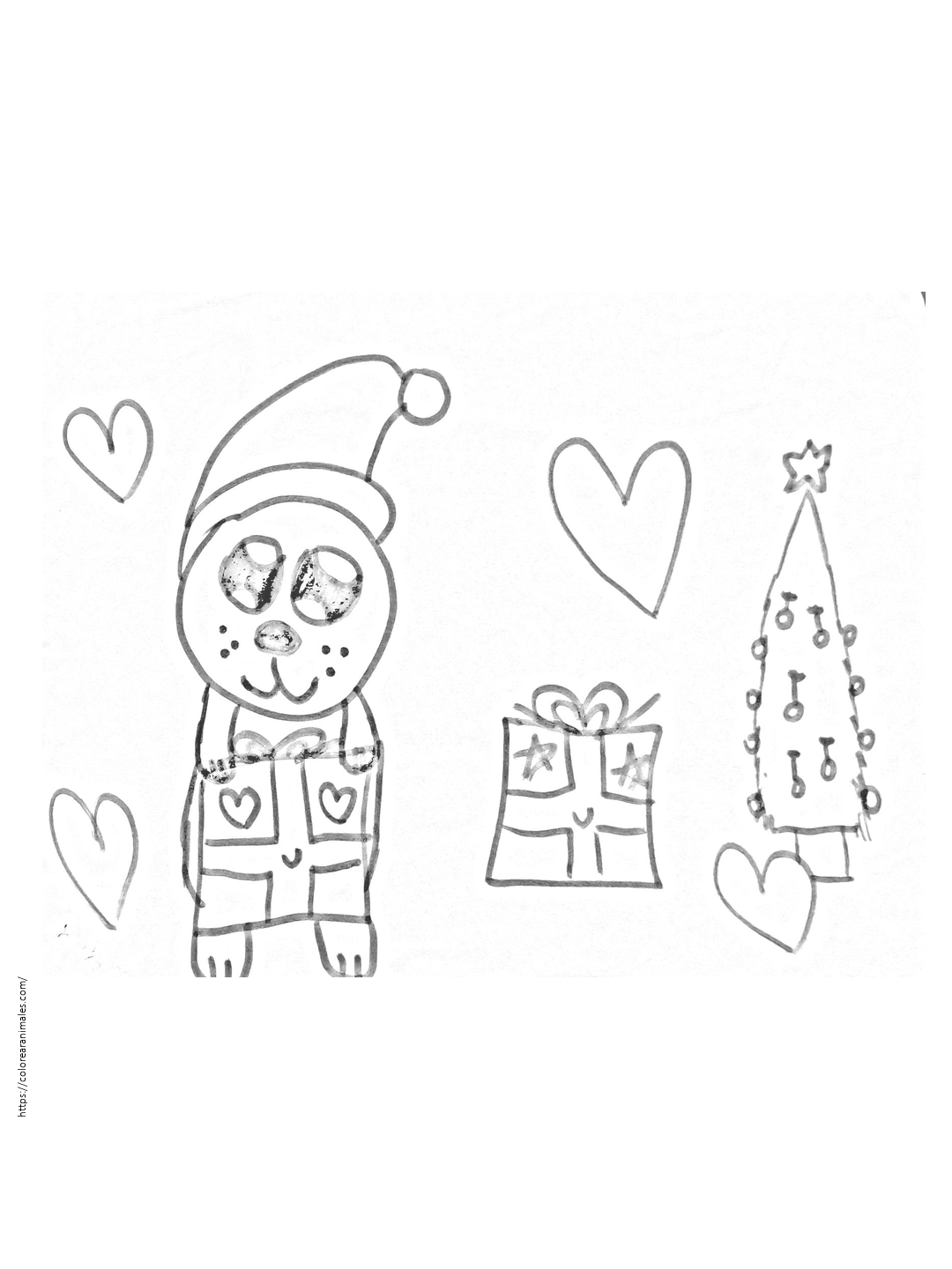 dibujo de perro de navidad para colorear, perrito con gorro de papa noel hecho a mano