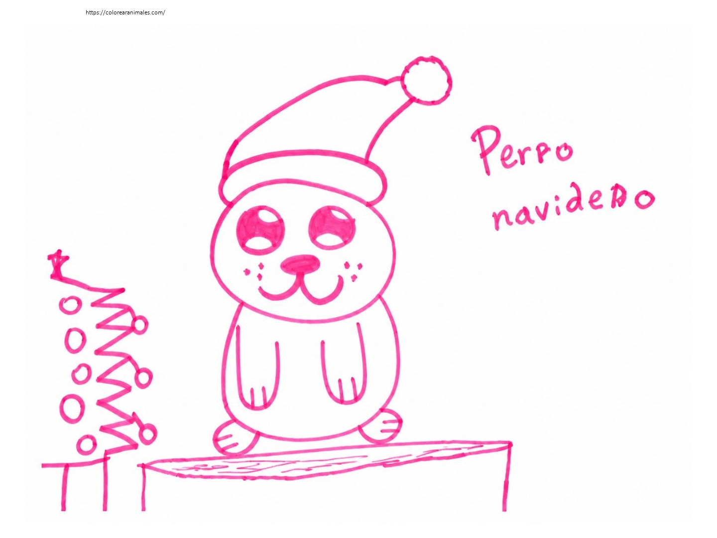 Perro de Navidad para colorear con gorro de Papá Noel — dibujado por Lara