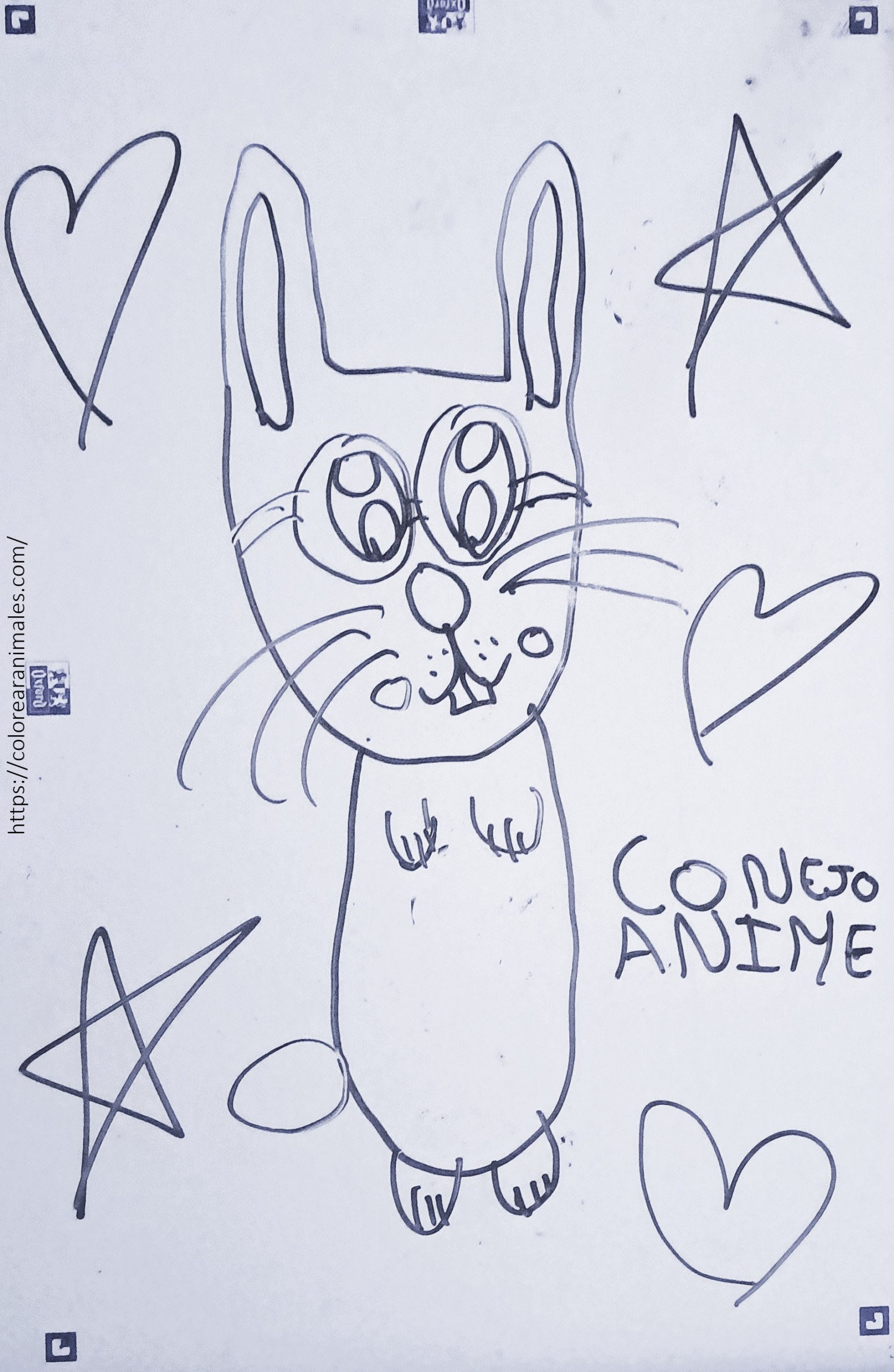 Conejo estilo anime para colorear con ojos grandes, corazones y estrellas