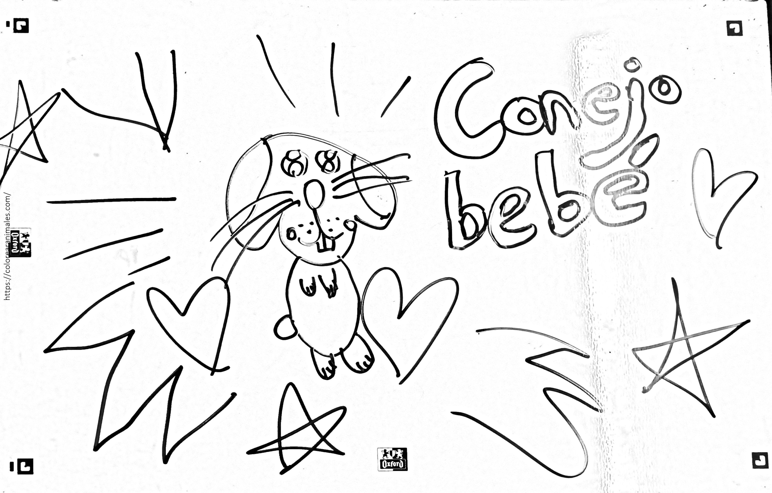 Conejo bebe para colorear, tierno y sonriente rodeado de corazones