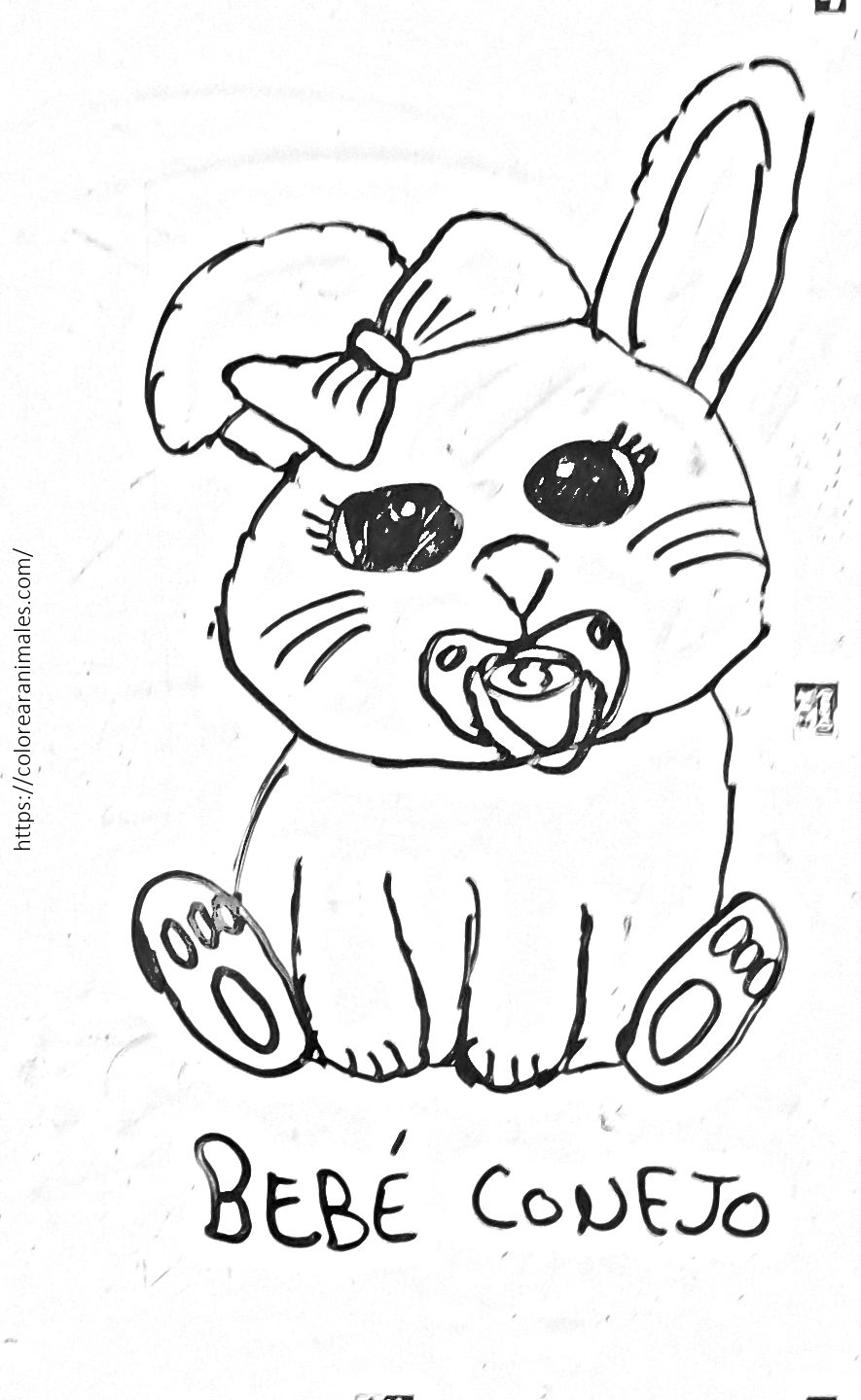 Dibujo para colorear de un conejo bebé sentado con un lazo en la oreja y un chupete