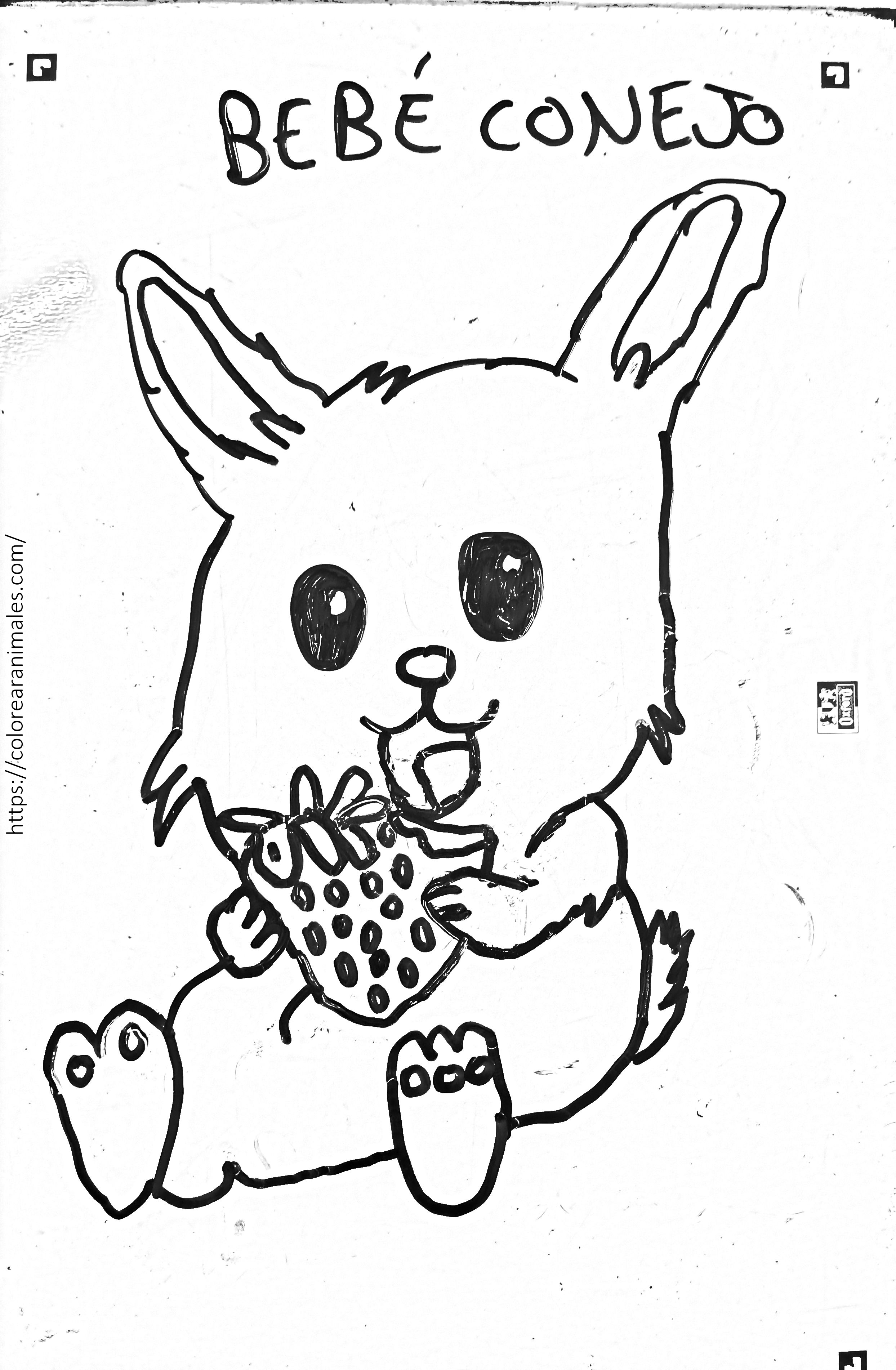 Dibujo para colorear de un conejo bebé comiendo una fresa