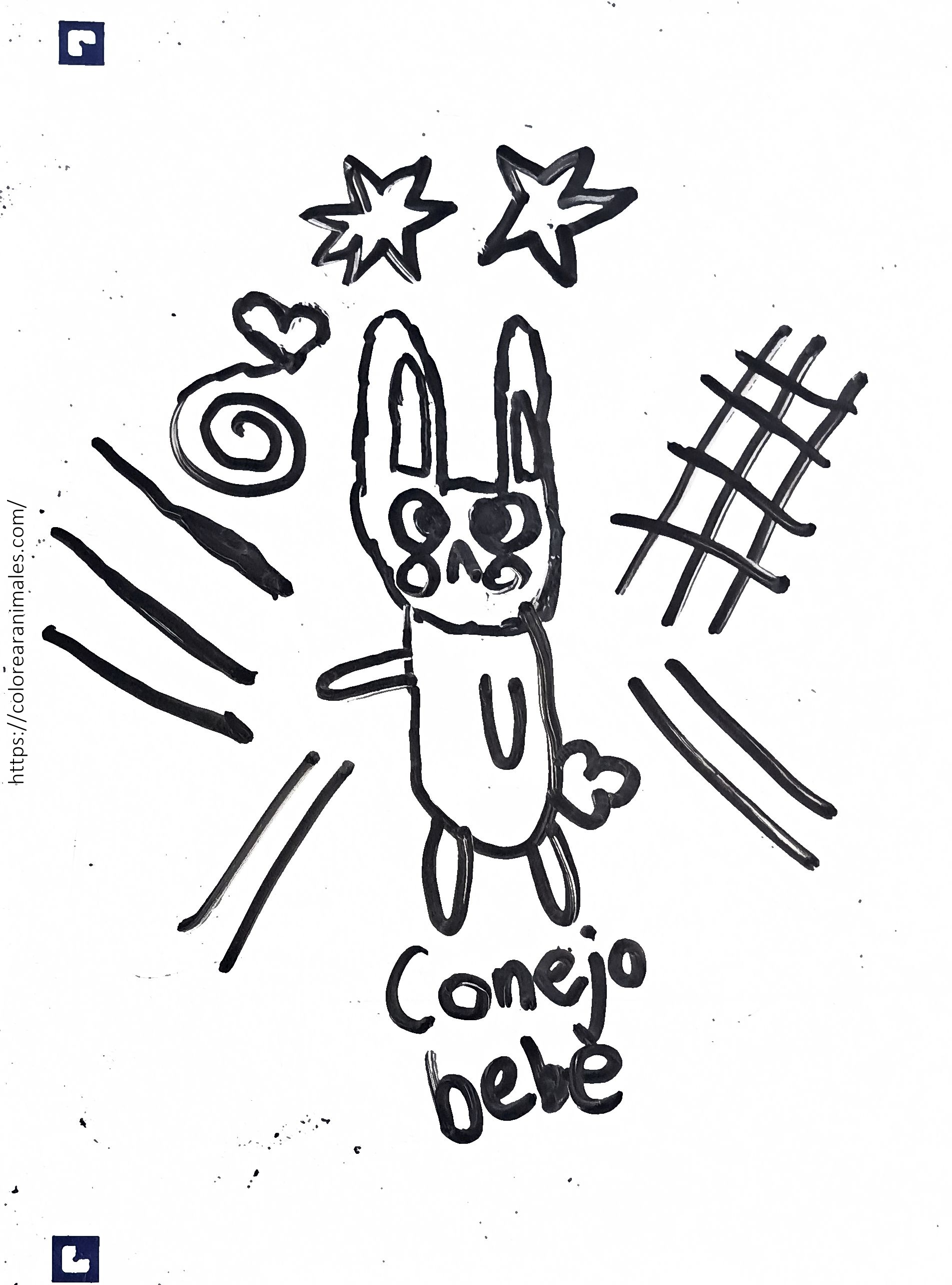Dibujo para colorear de un conejo bebé saltando rodeado de estrellas