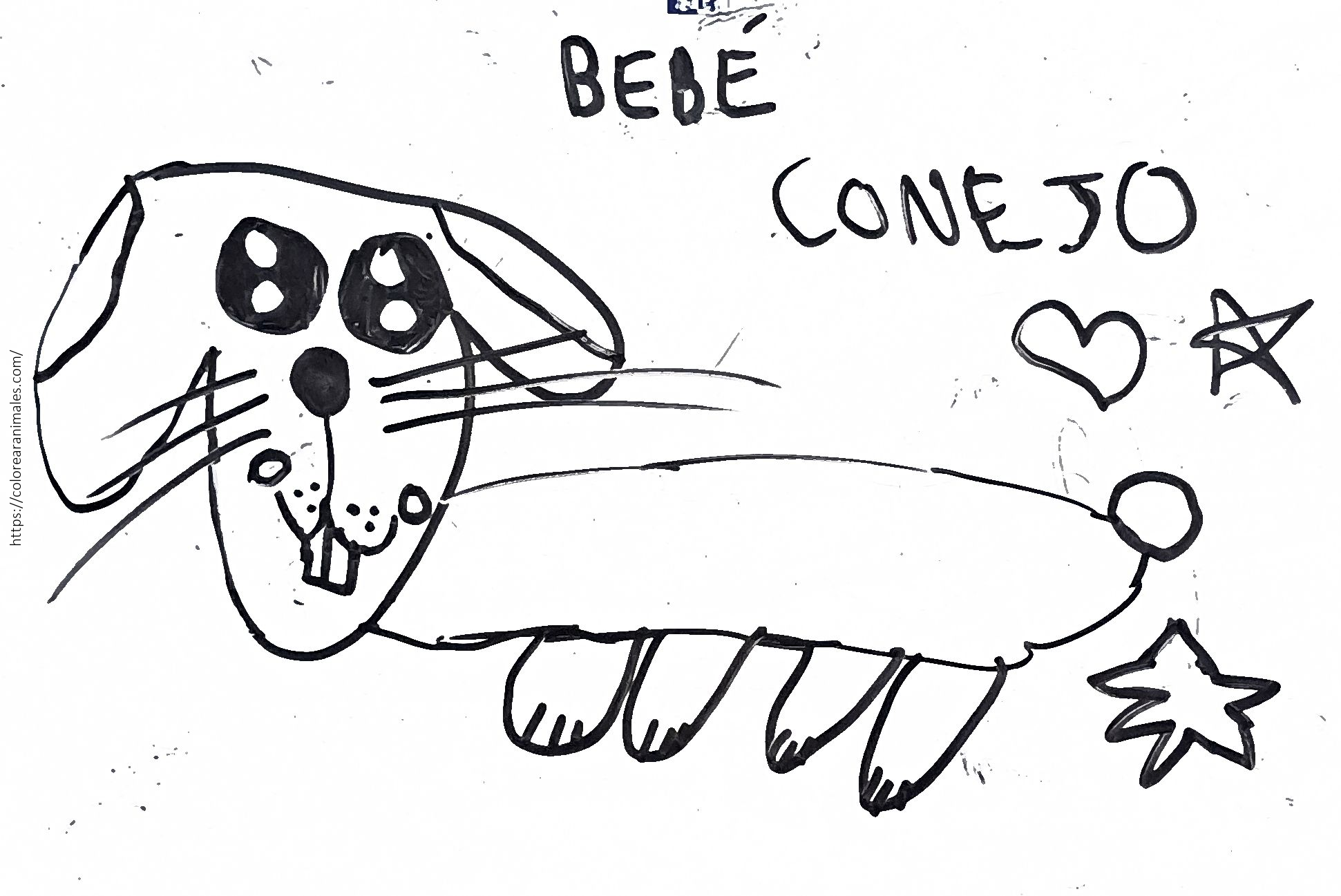 Dibujo para colorear de un conejo bebé tumbado con corazones y estrellas