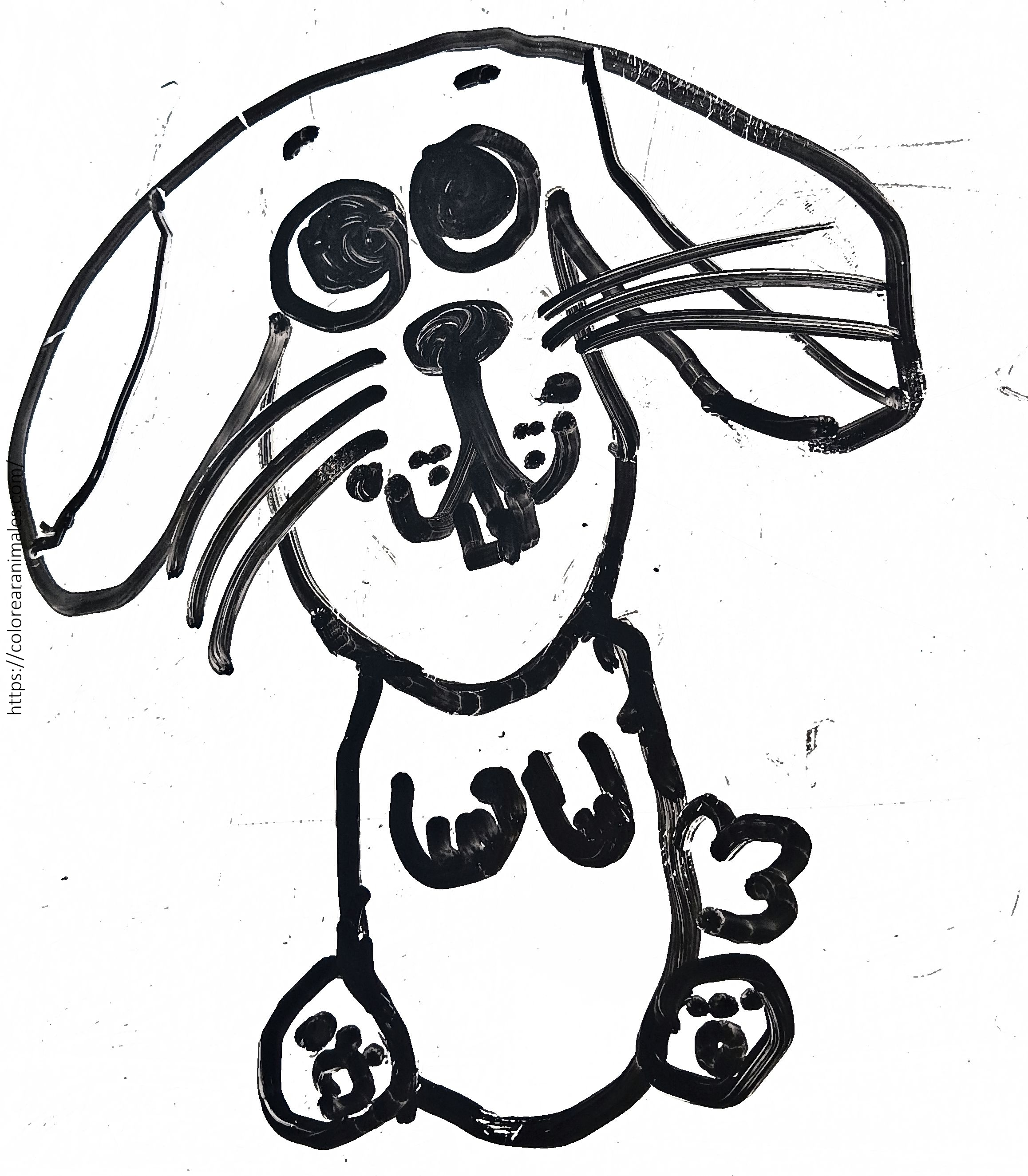 Dibujo para colorear de un conejo bebé sentado con orejas caídas y ojos grandes