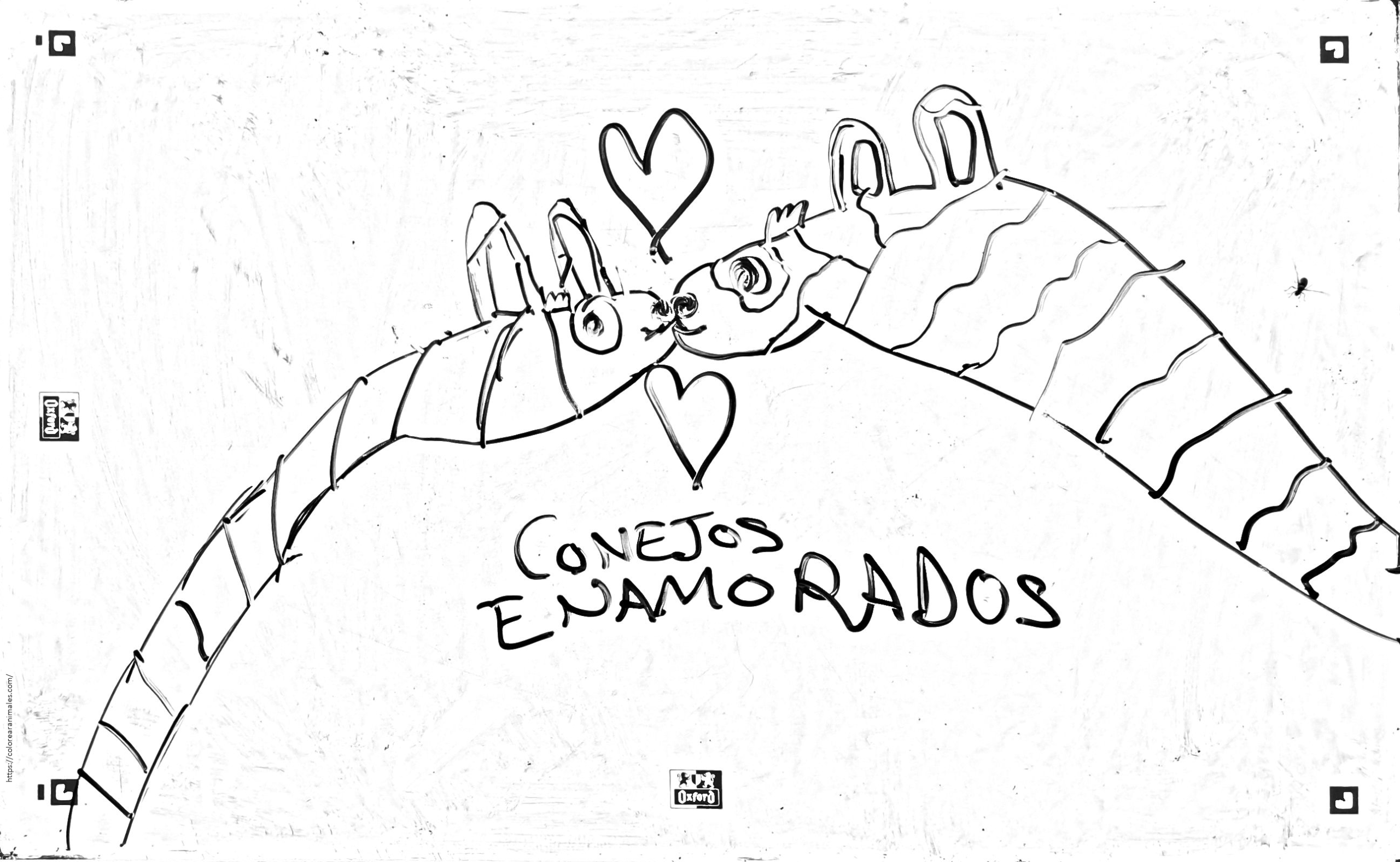 dos conejos enamorados dándose un beso para colorear, con corazones