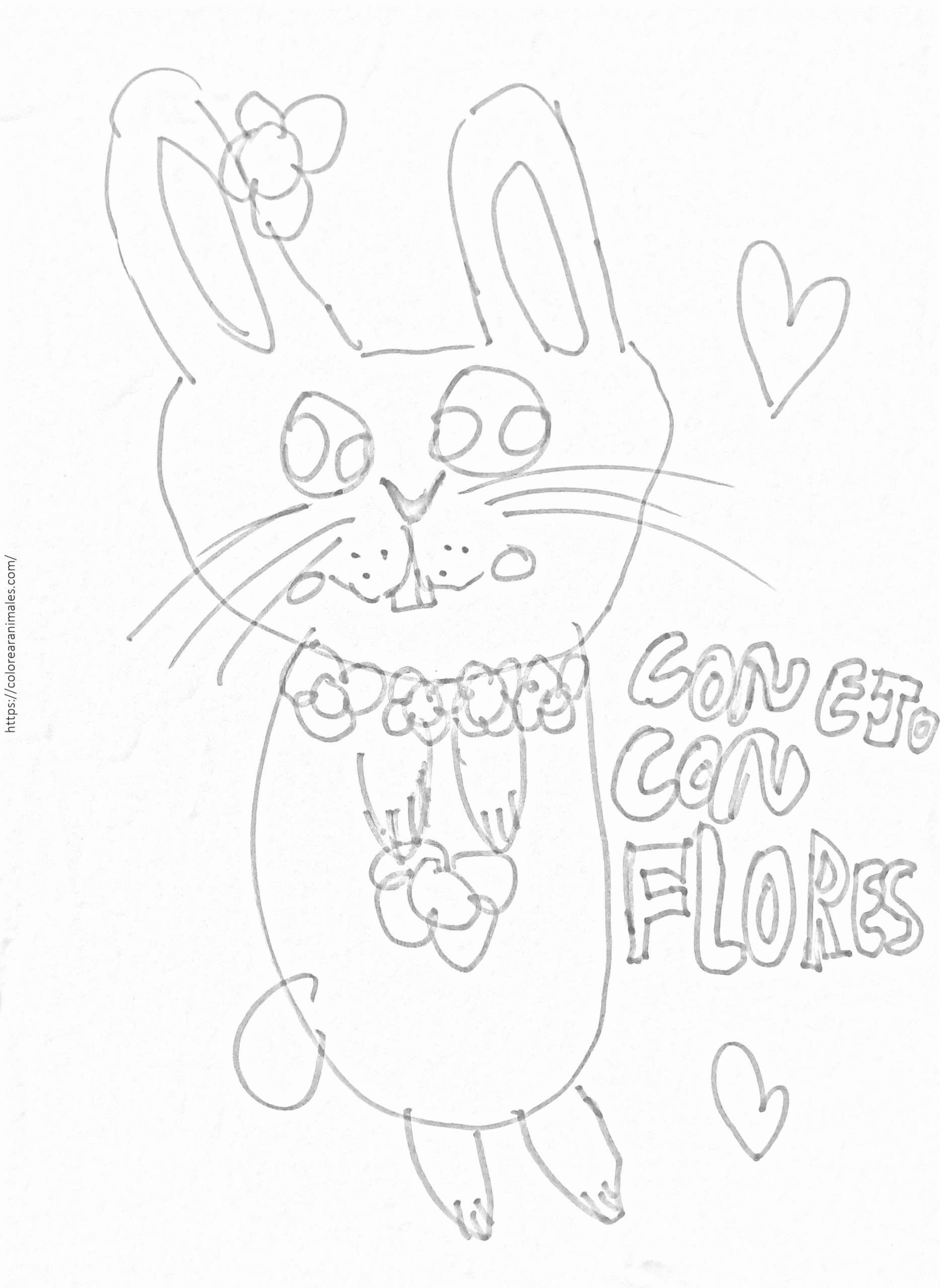 Conejo con flores para colorear, collar de margaritas y flor en la oreja
