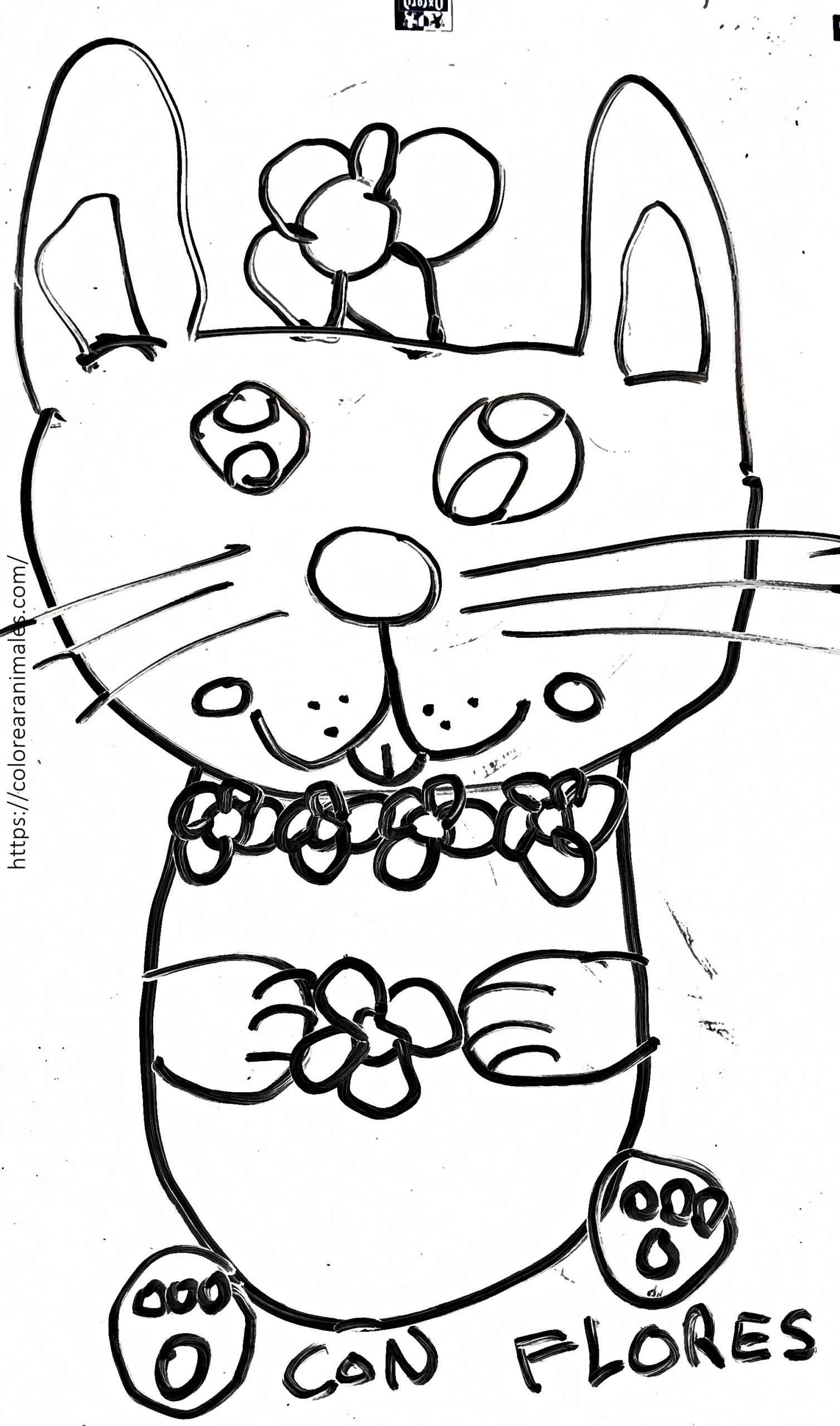 Conejo con flores para colorear, dibujo de primavera