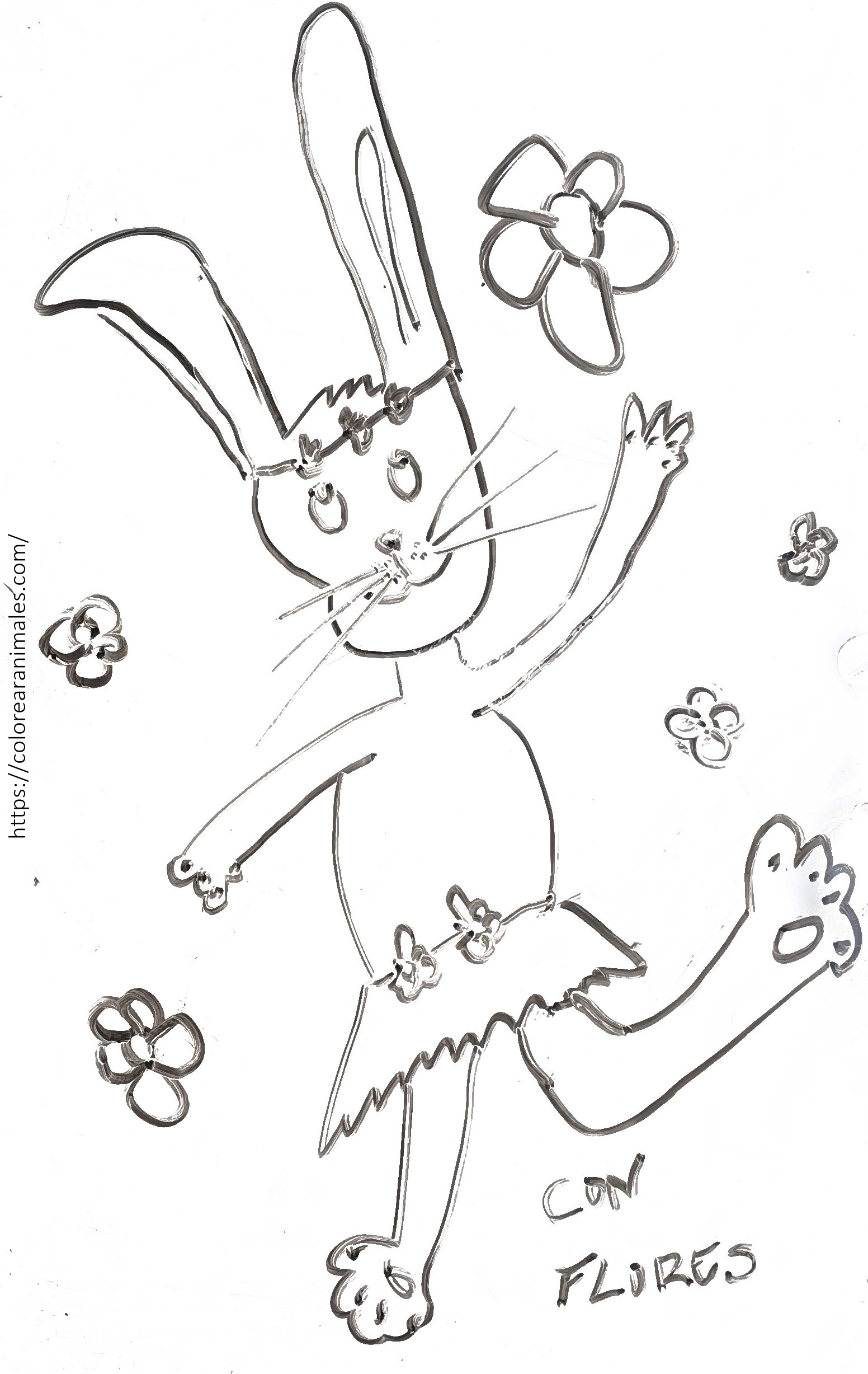 Conejo con ramo de flores para colorear gratis