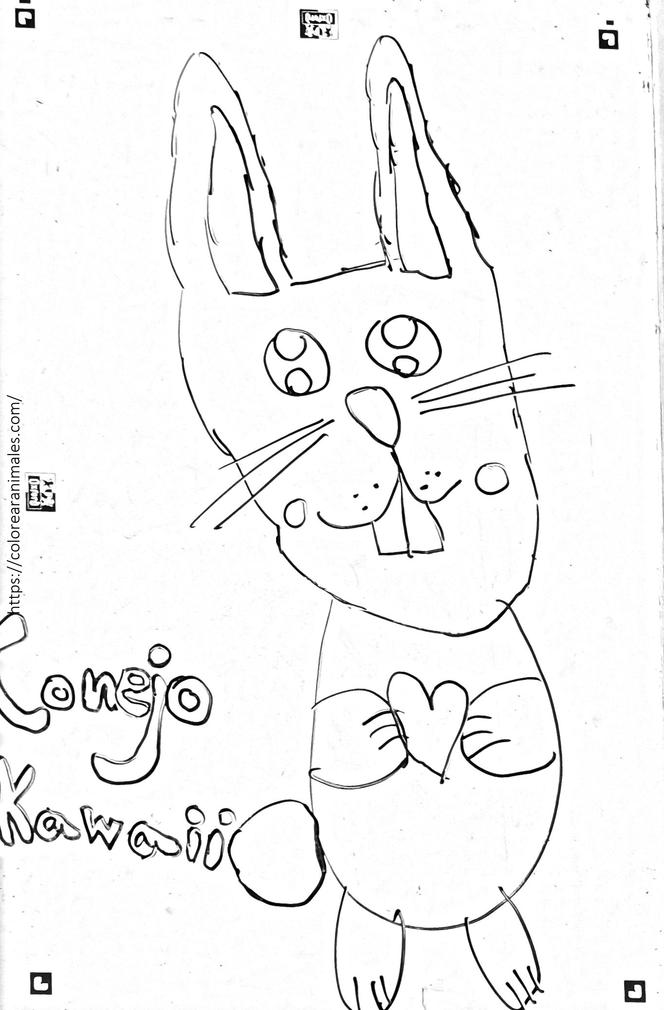 Conejo kawaii para colorear con orejas largas y un corazon en el pecho