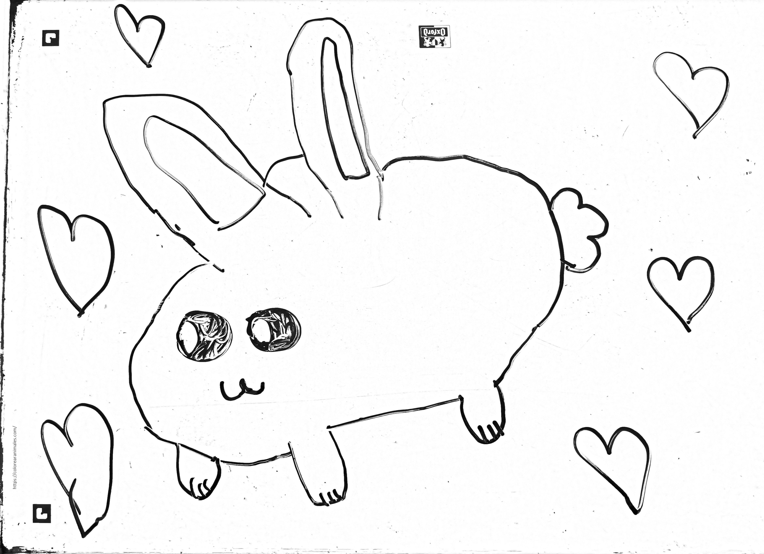 conejo kawaii gordito rodeado de corazones para colorear e imprimir