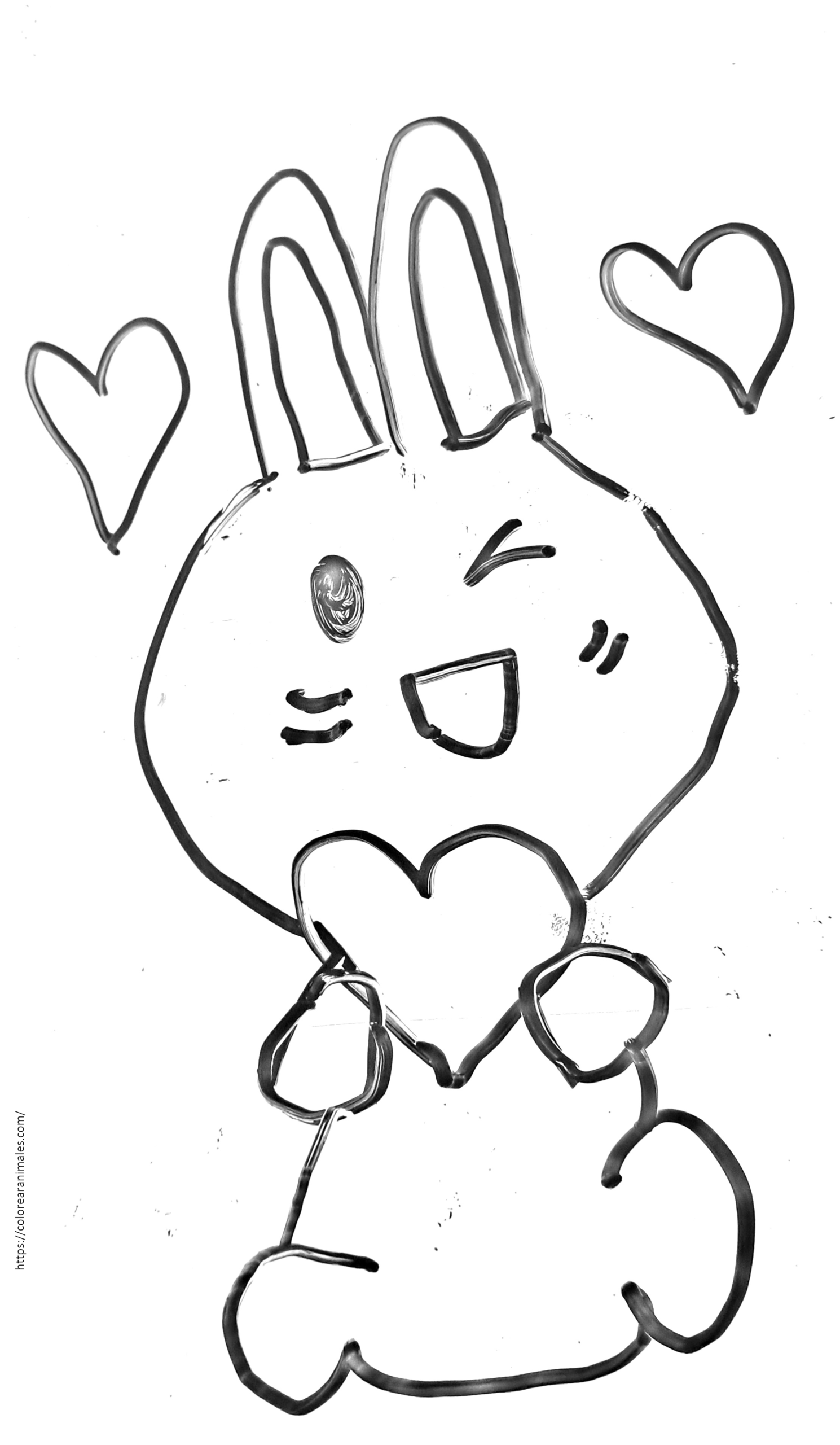 conejo kawaii guiñando el ojo con un corazón para colorear, para niños
