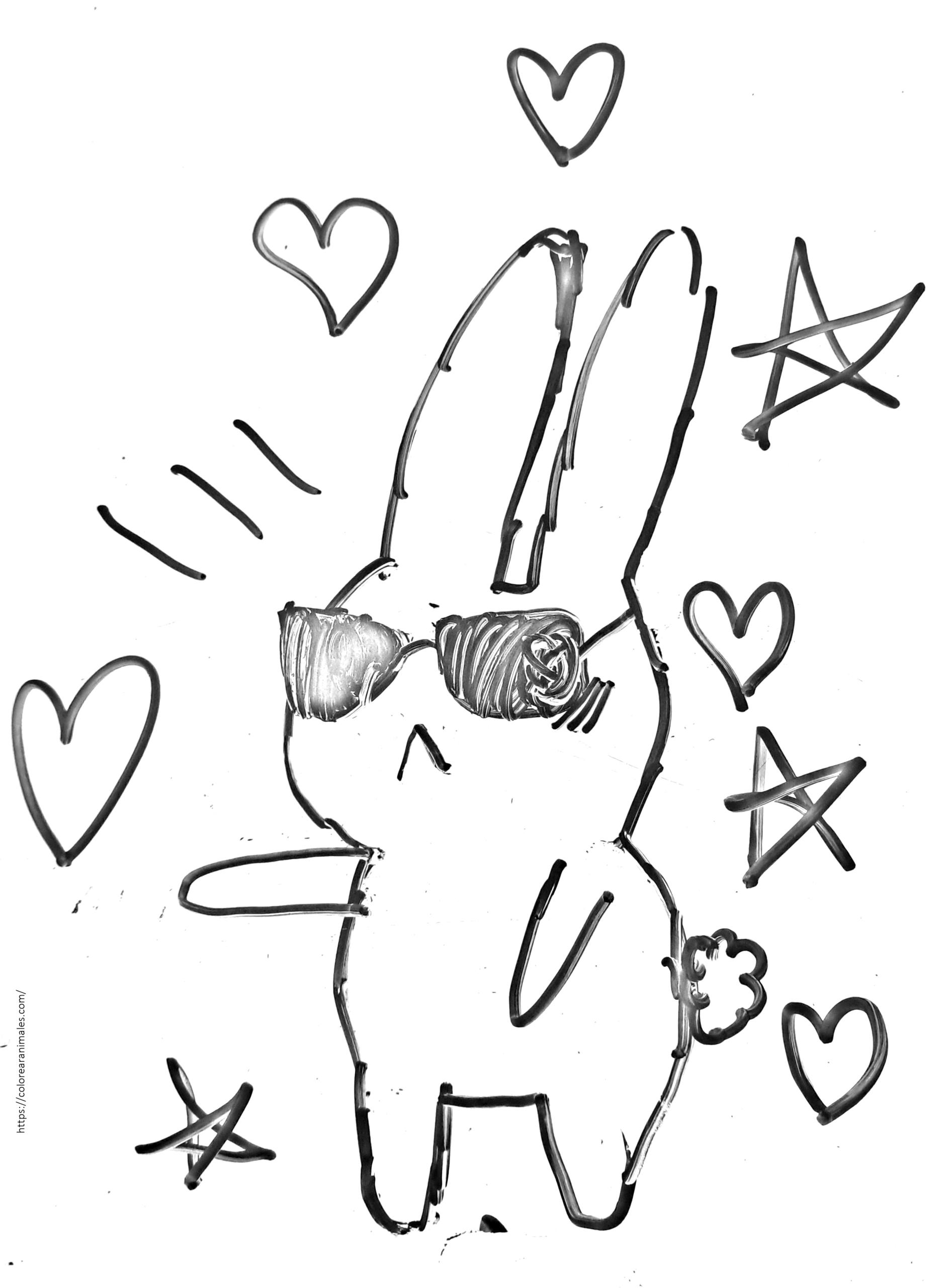 conejo kawaii con gafas de sol para colorear, dibujo divertido para niños