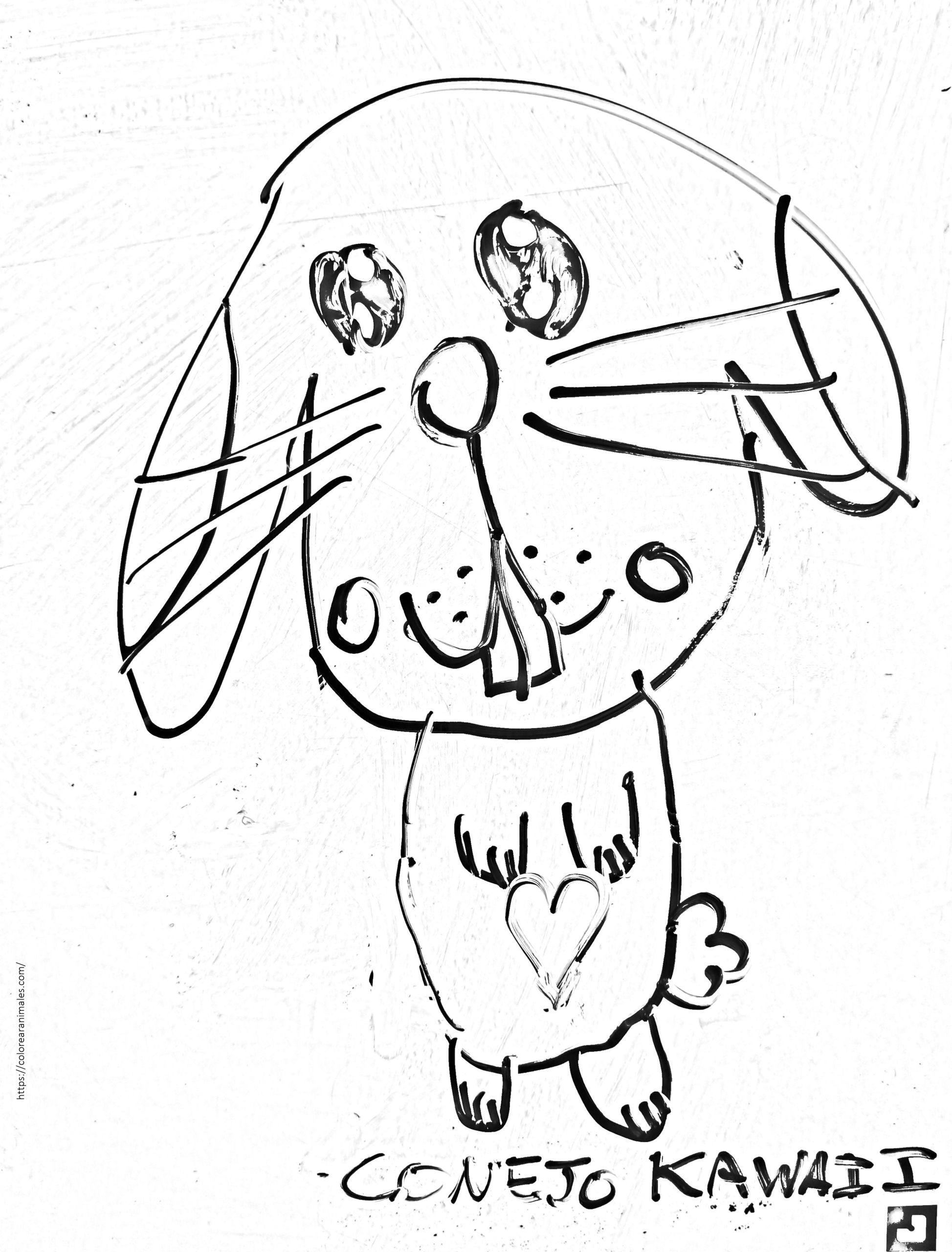 conejo kawaii con un corazón en la barriga para colorear, para niños