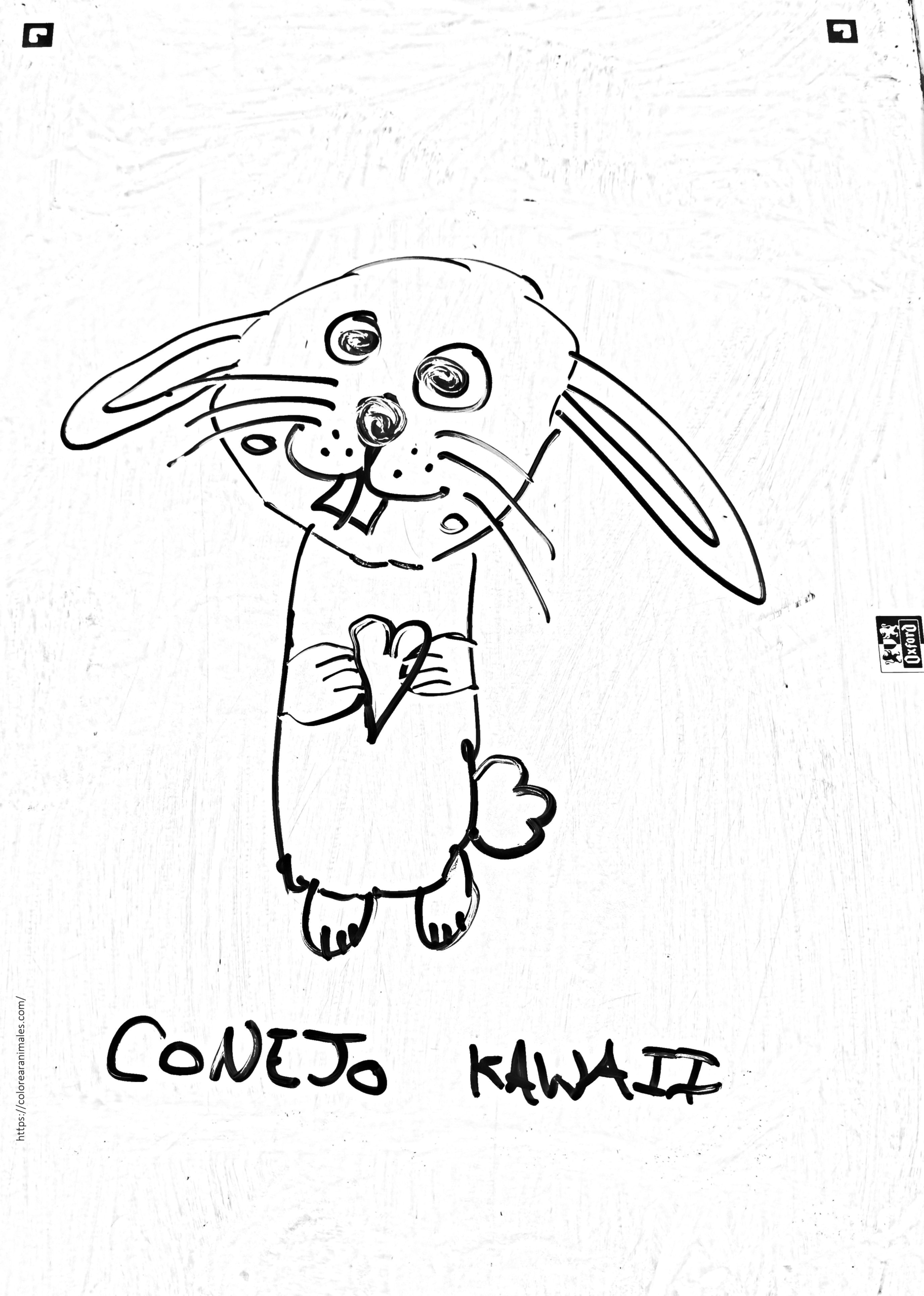 conejo kawaii de orejas caídas abrazando un corazón para colorear e imprimir