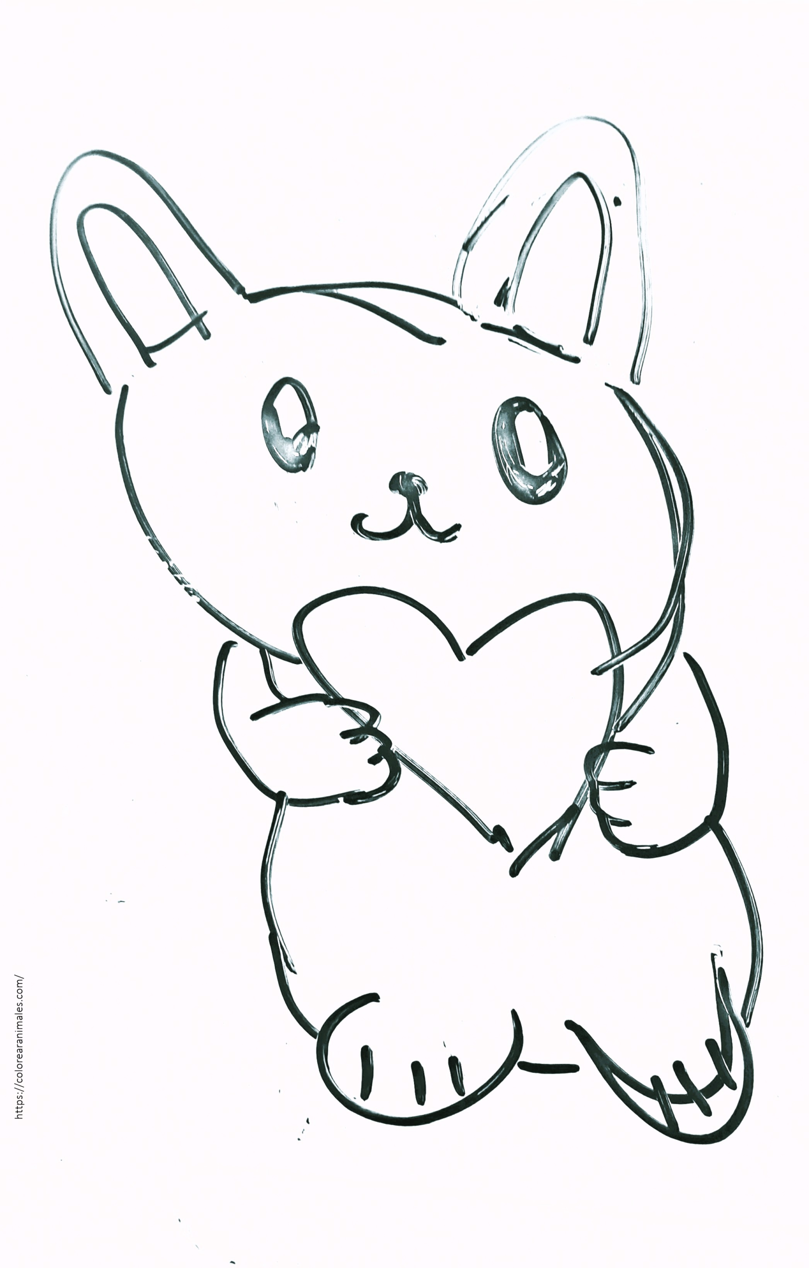 conejo kawaii sujetando un corazón para colorear, dibujo sencillo para niños