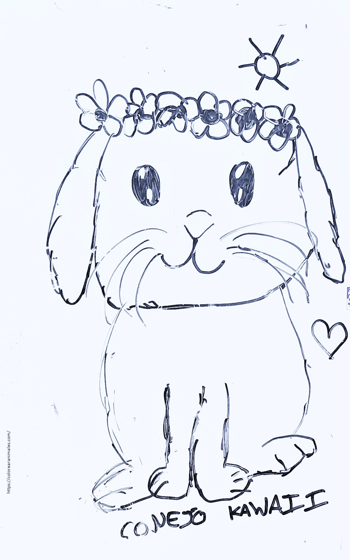conejo kawaii de orejas caídas con flores para colorear e imprimir gratis