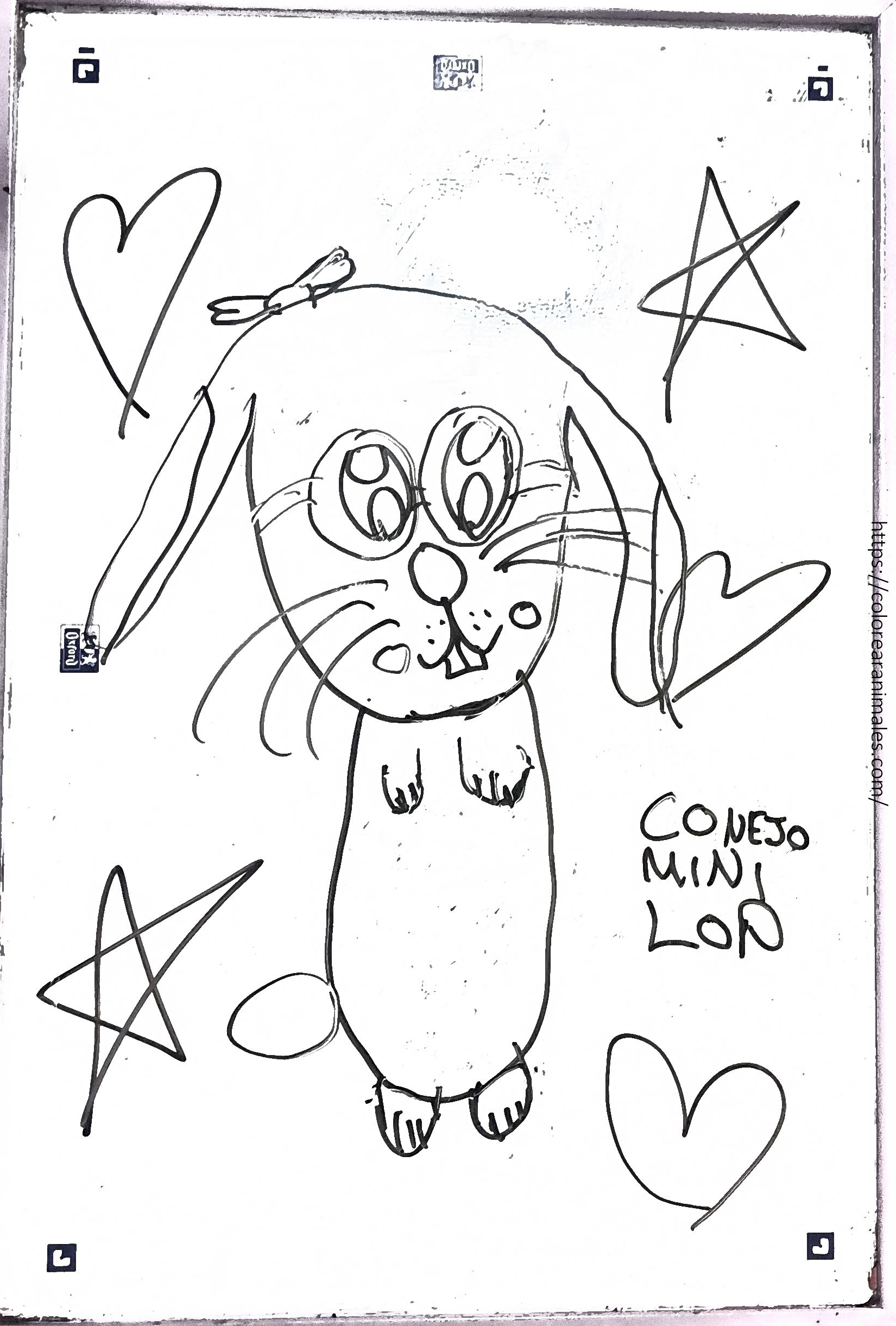 Conejo Mini Lop para colorear con orejas caidas, corazones y estrellas