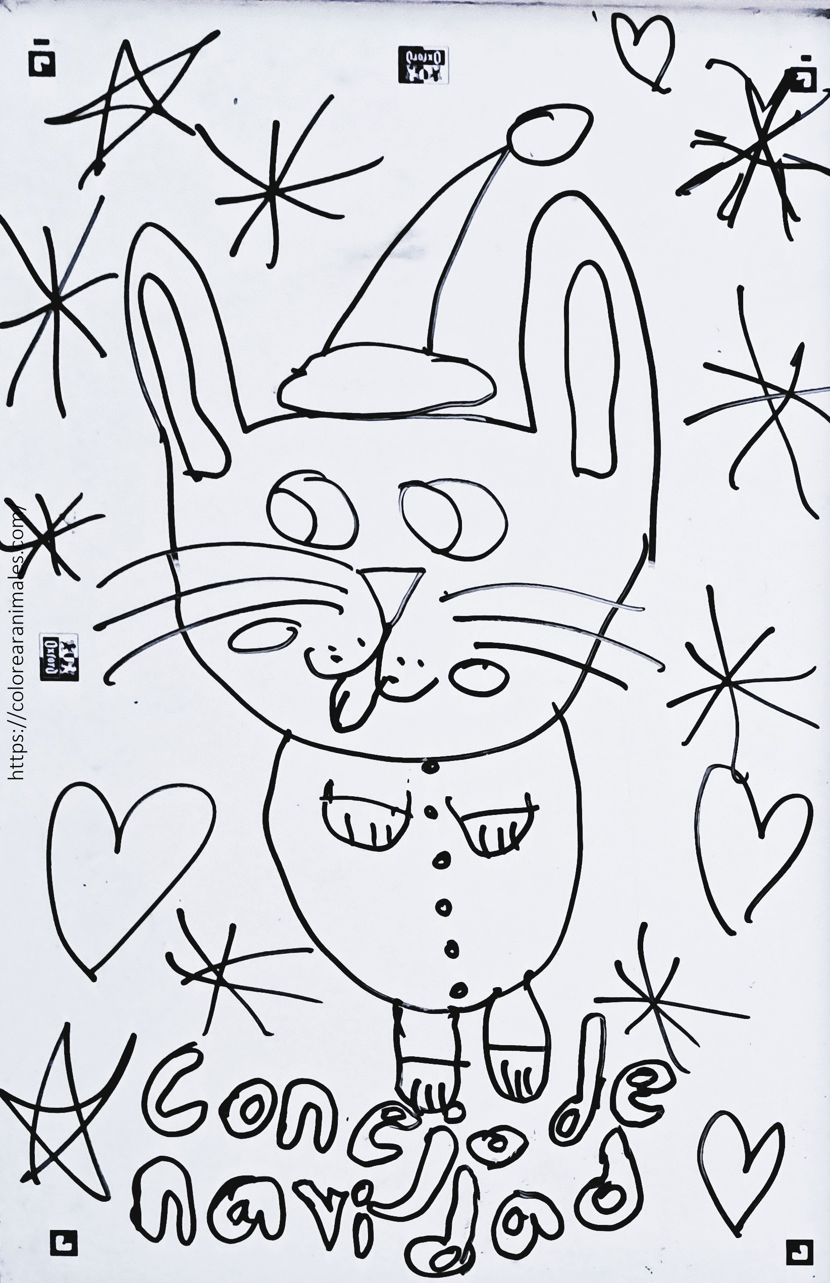 Conejo de Navidad para colorear con gorro de Papa Noel y copos de nieve