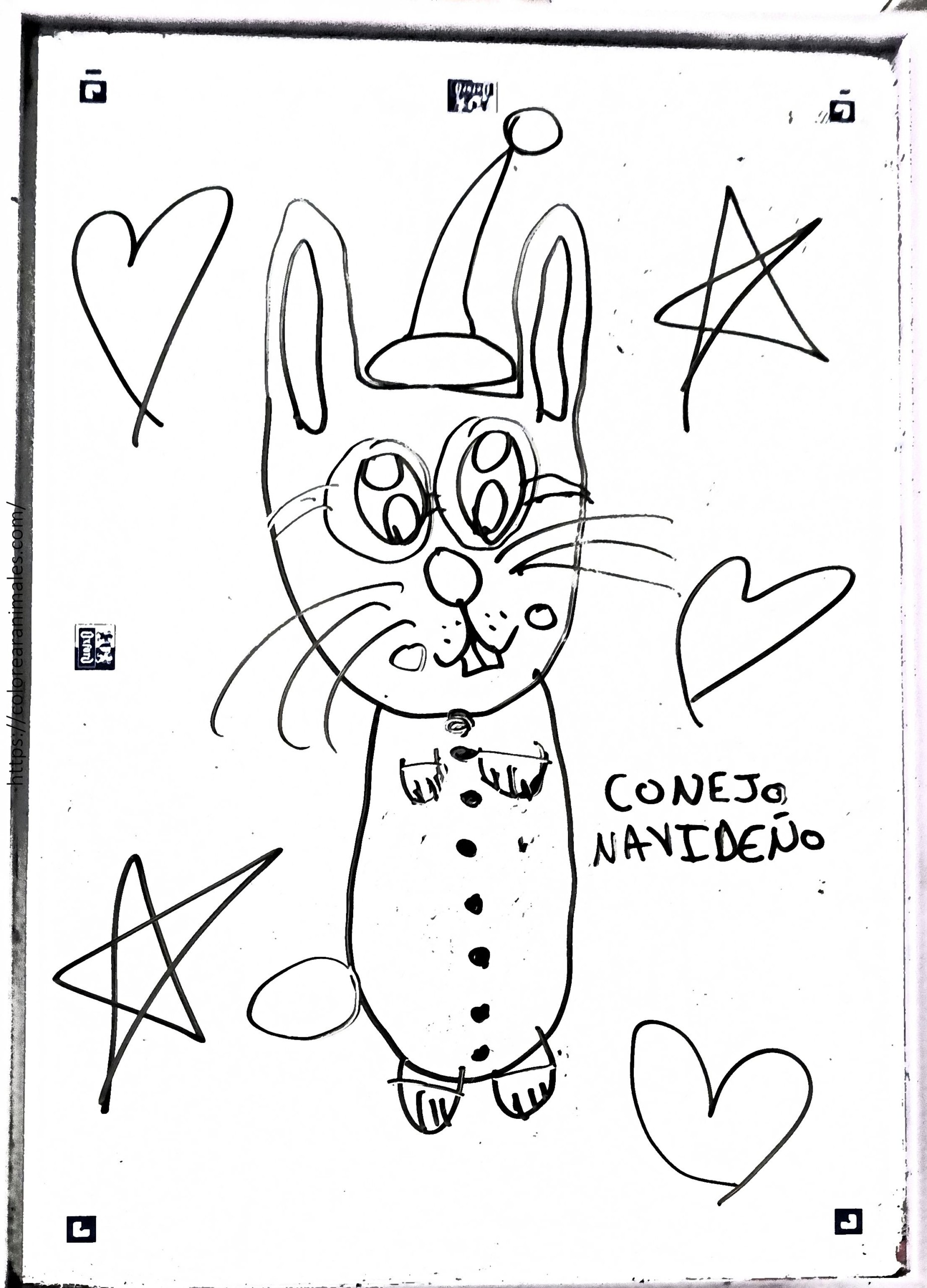 Conejo navideno para colorear con gorro de Navidad y estrellas
