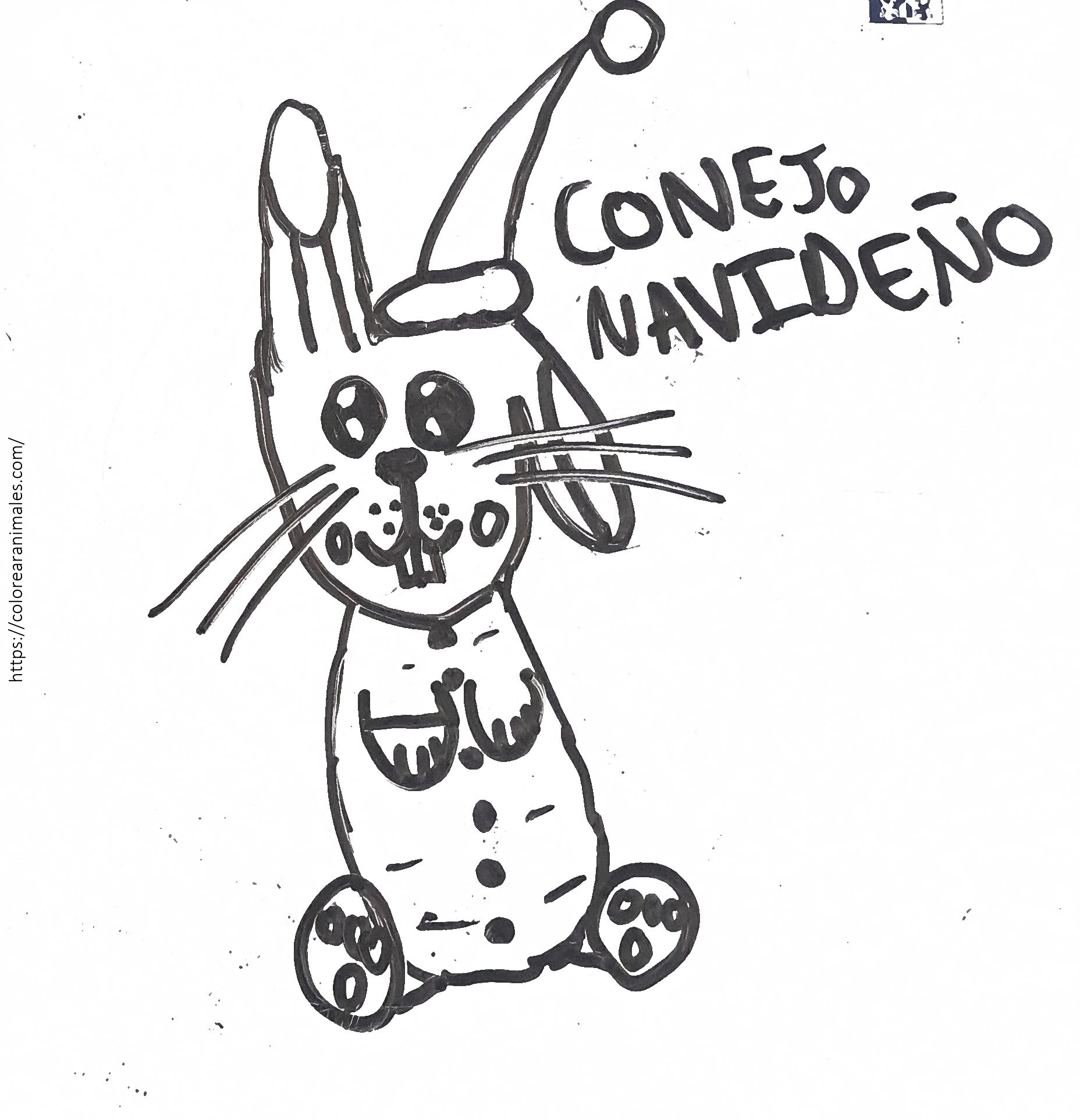 Dibujo para colorear de un conejo de Navidad con gorro de Papá Noel