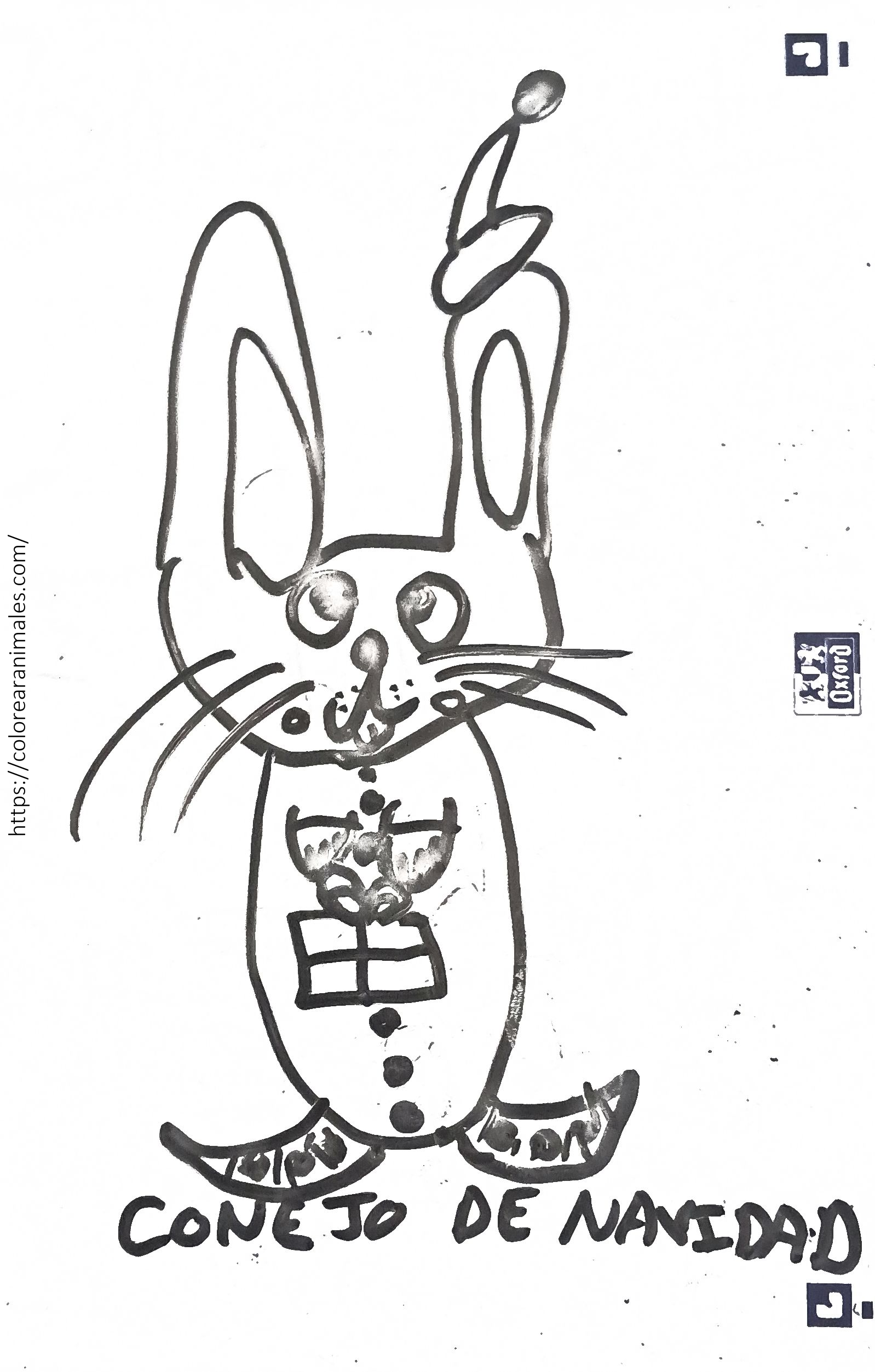 Dibujo para colorear de un conejo de Navidad con gorro y un regalo