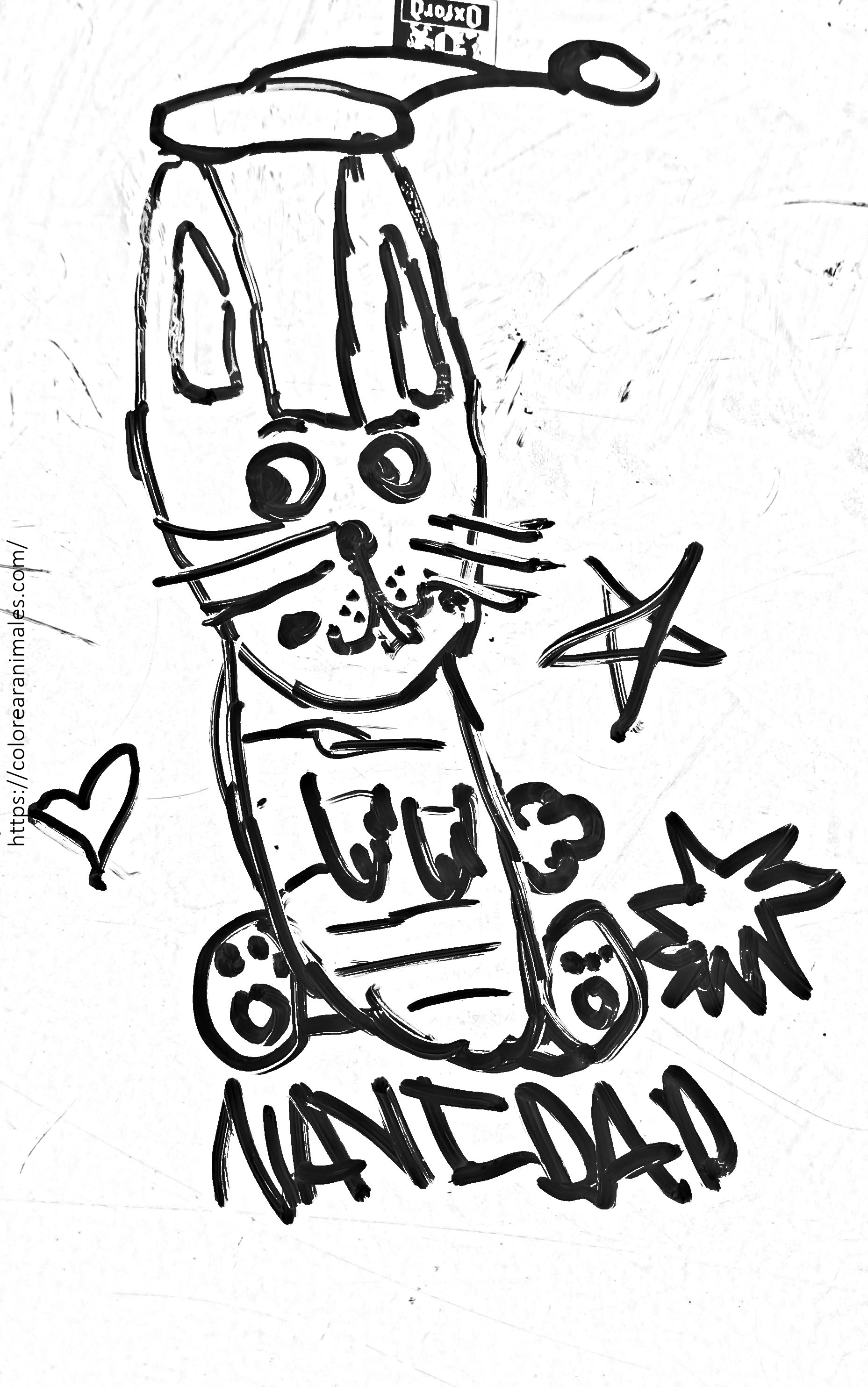 Dibujo para colorear de un conejo de Navidad con gorro rodeado de estrellas y corazones