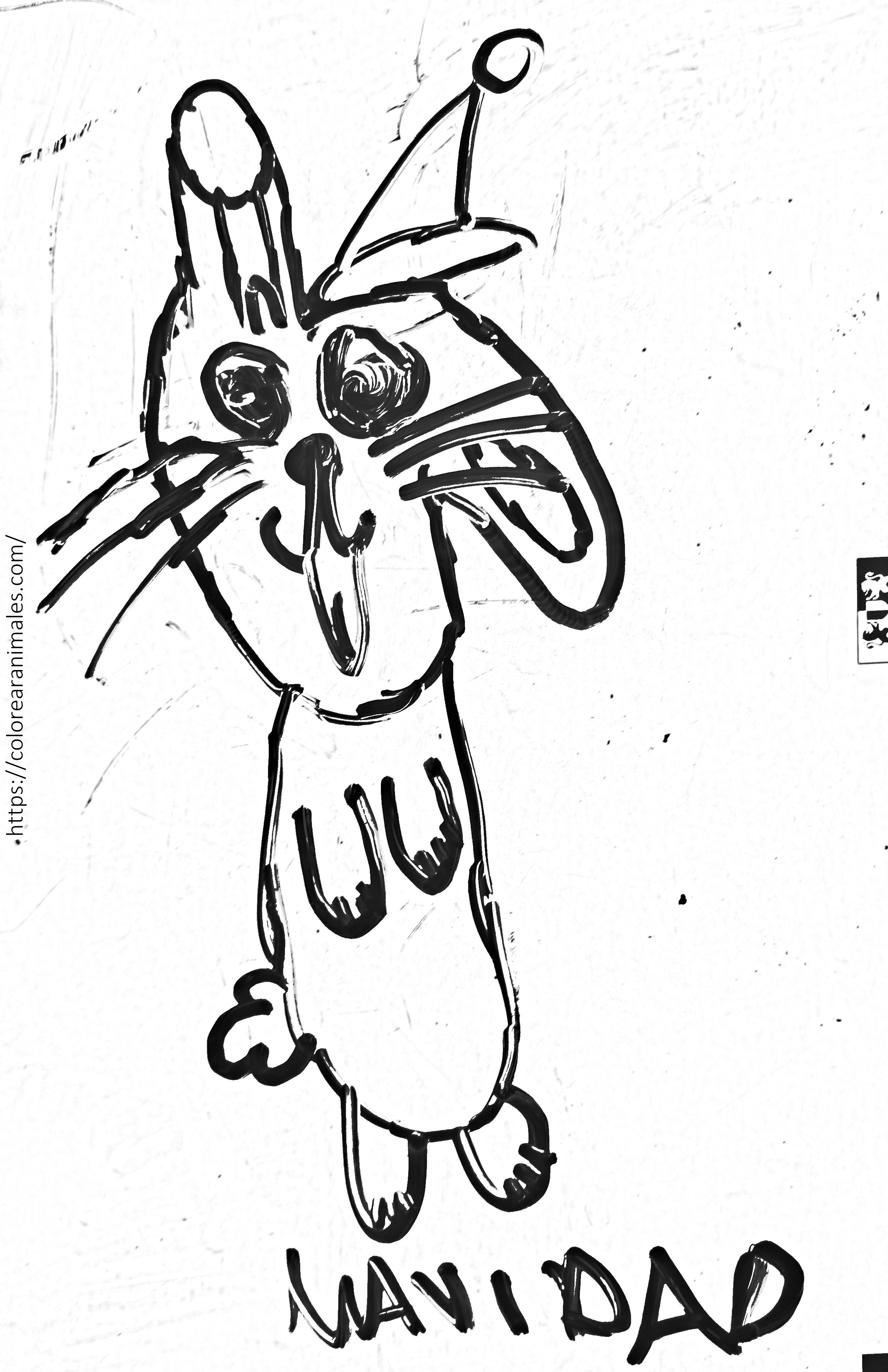 Dibujo para colorear de un conejo de Navidad con gorro de Papá Noel