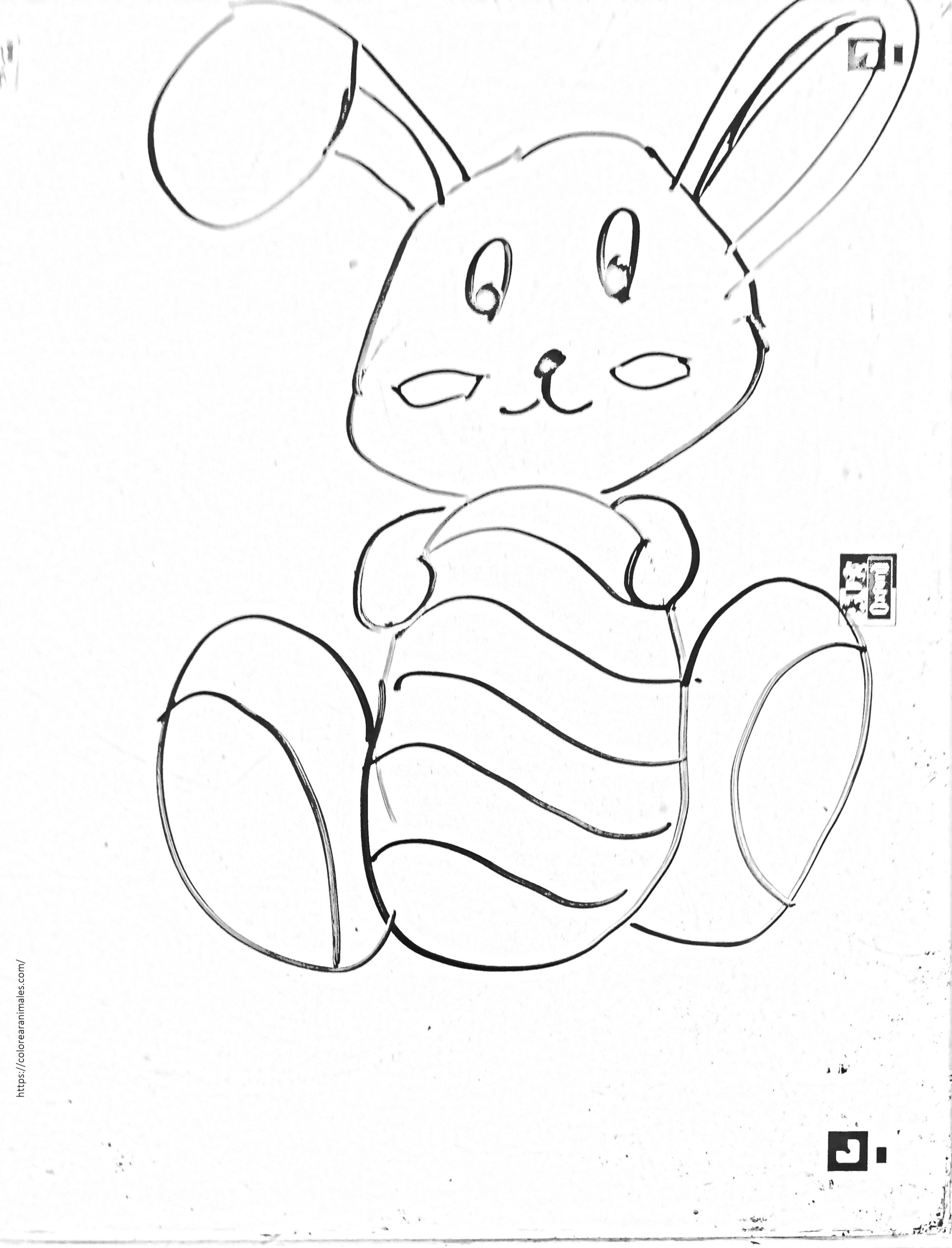 conejo de Pascua abrazando un huevo para colorear, dibujo para niños