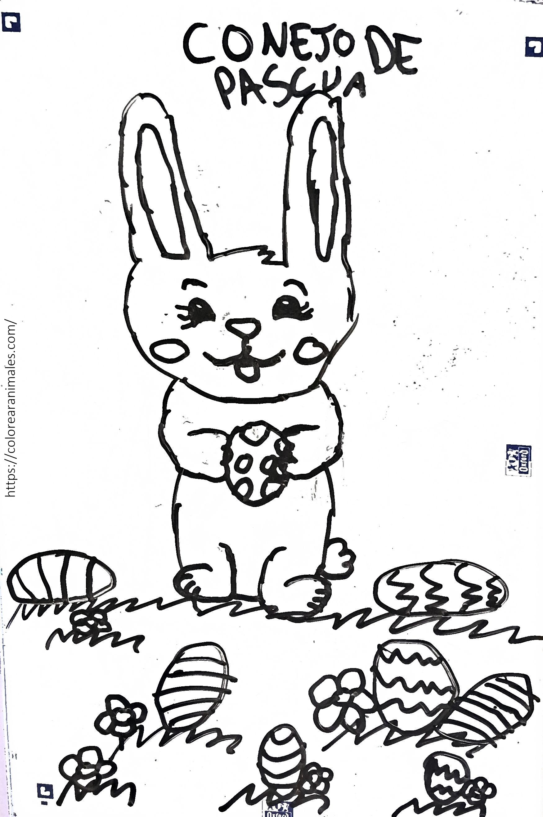 Dibujo para colorear de un conejo de Pascua con un huevo entre huevos decorados y flores