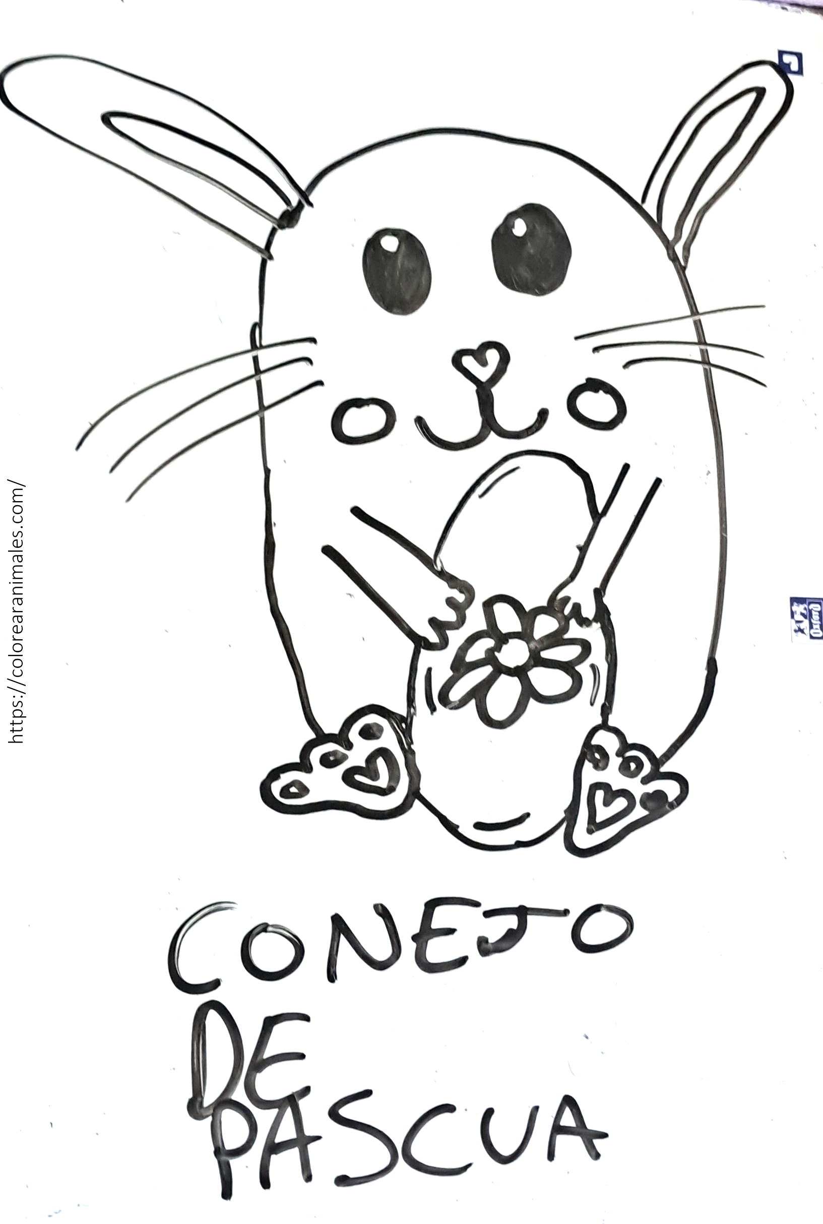 Dibujo para colorear de un conejo de Pascua sujetando un huevo con una flor