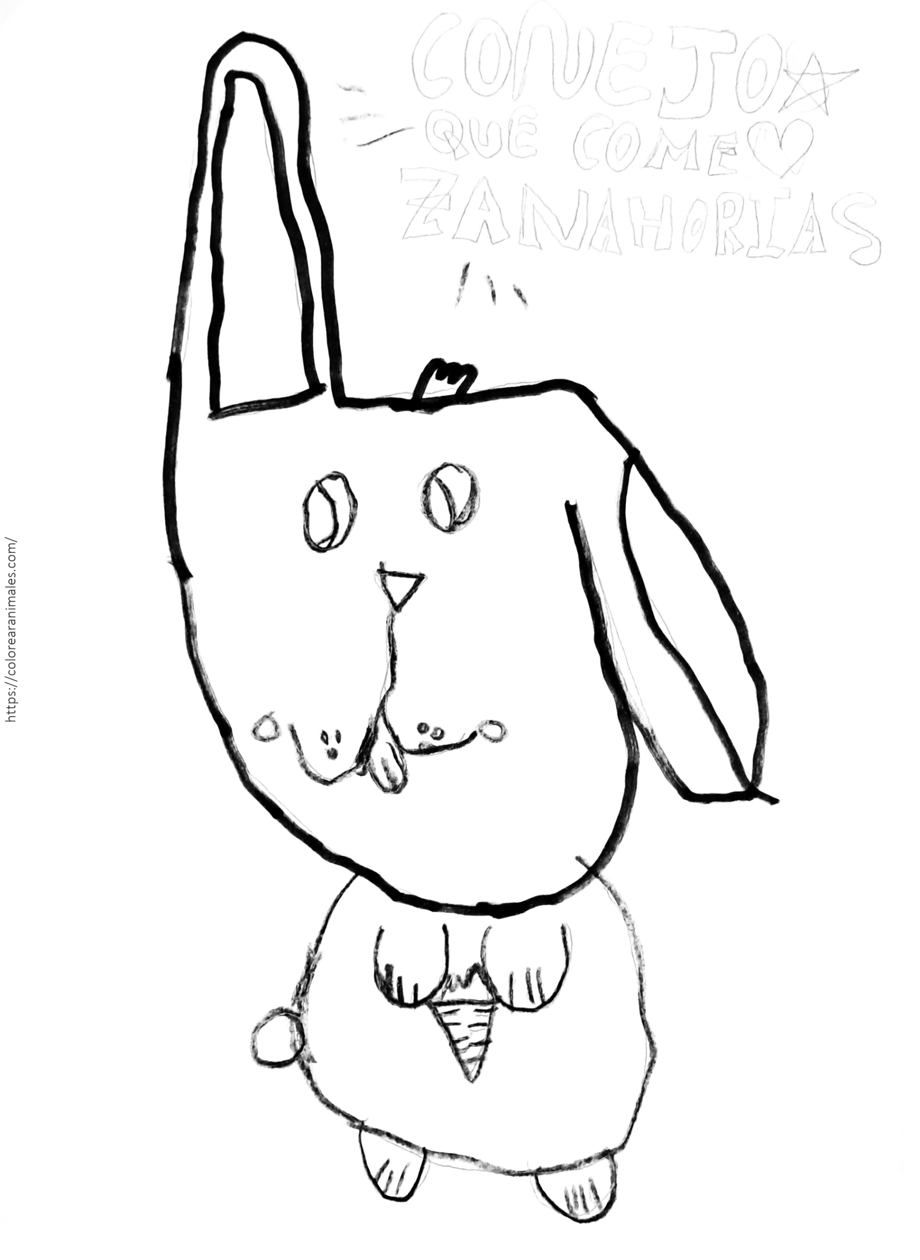 Dibujo de conejo comiendo zanahoria para colorear, primer plano con orejas largas