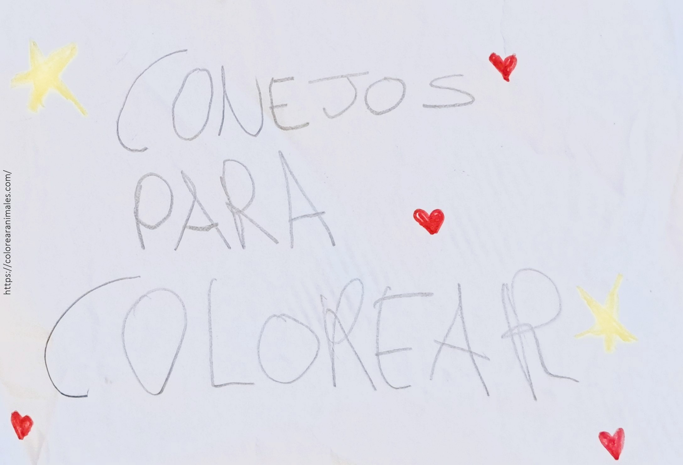 Cartel de conejos para colorear dibujado a mano con estrellas y corazones