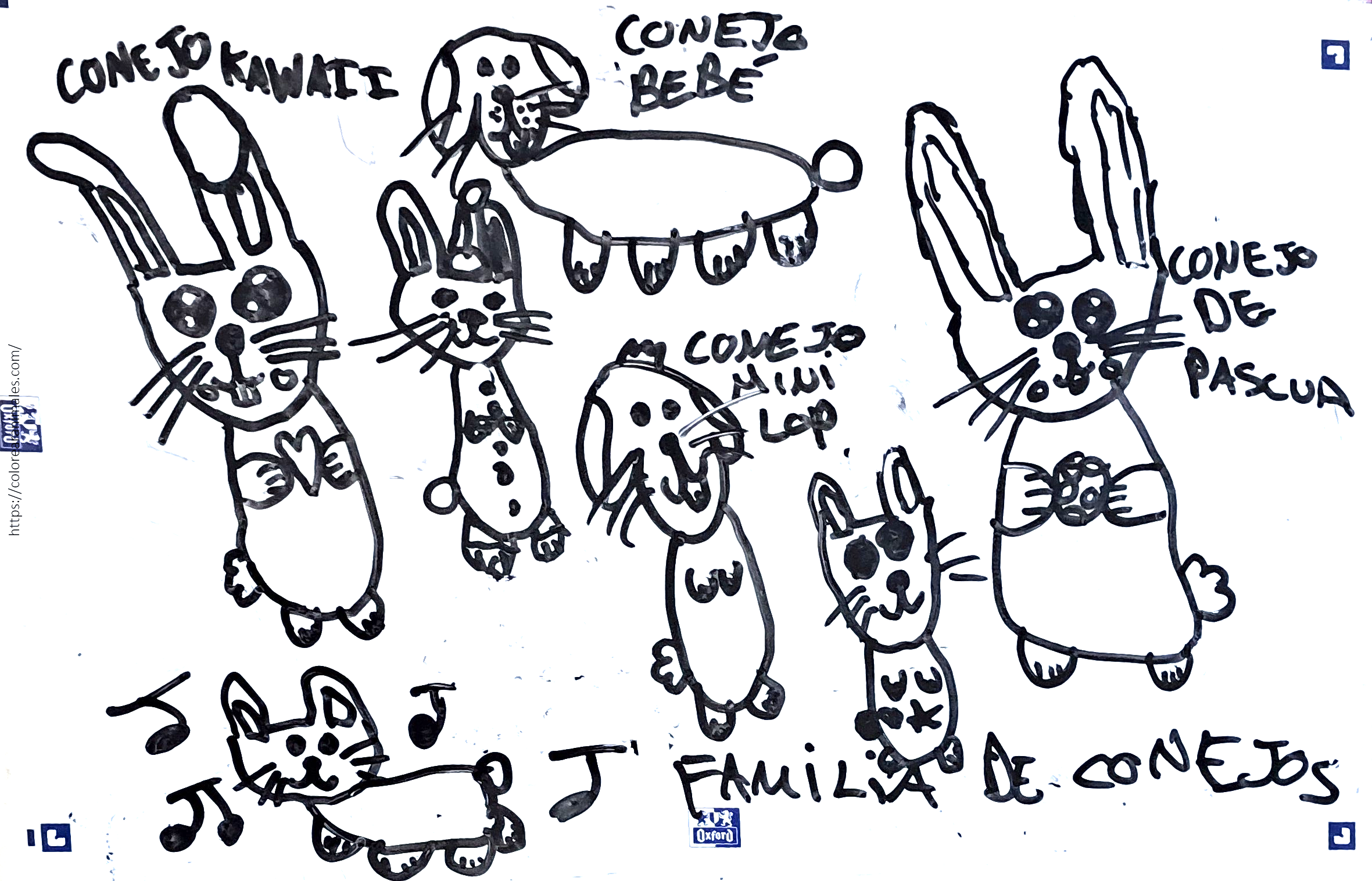 Dibujo para colorear de una familia de conejos: kawaii, bebé, mini lop y de Pascua juntos