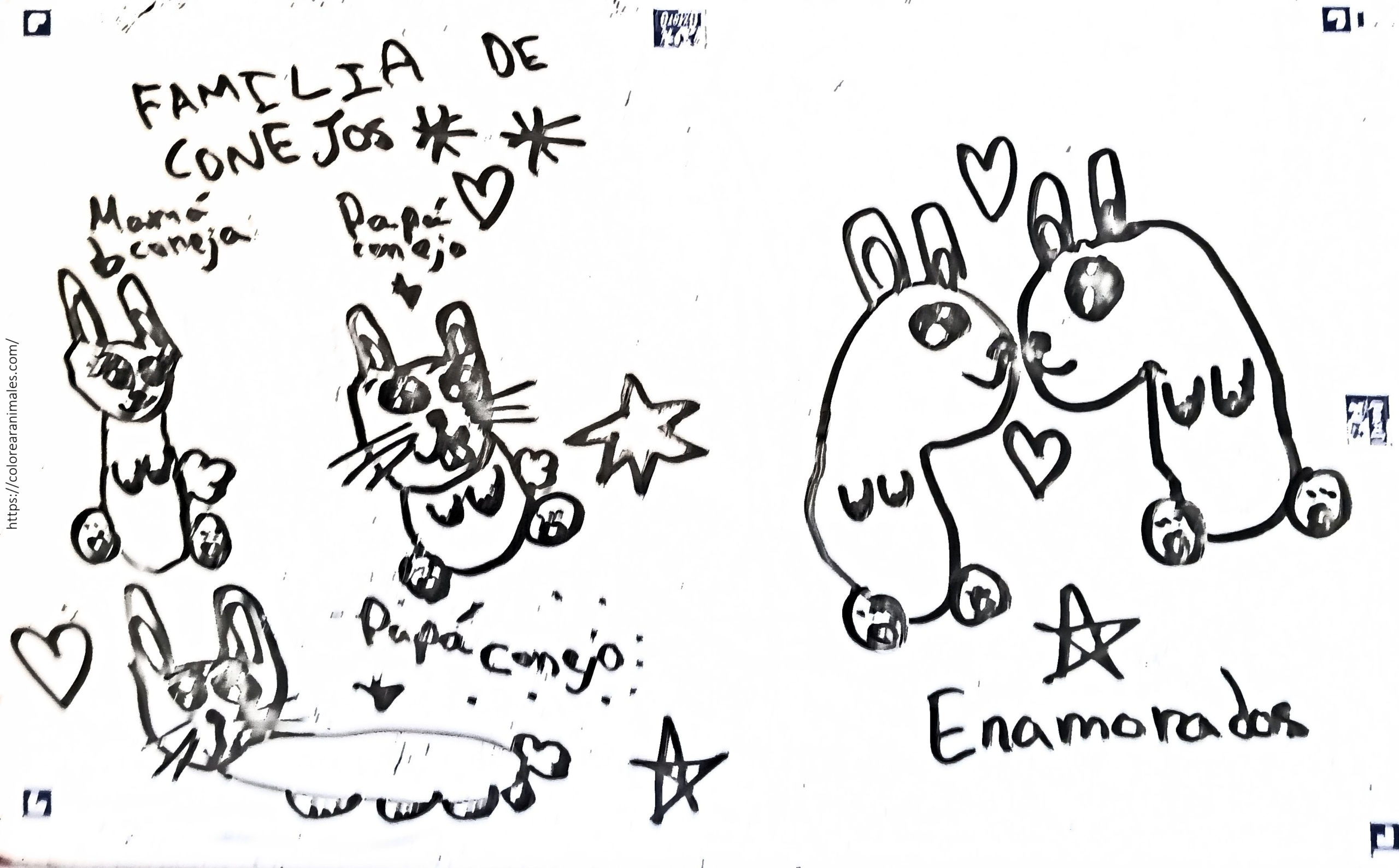 Familia de conejos para colorear, dibujo para niños