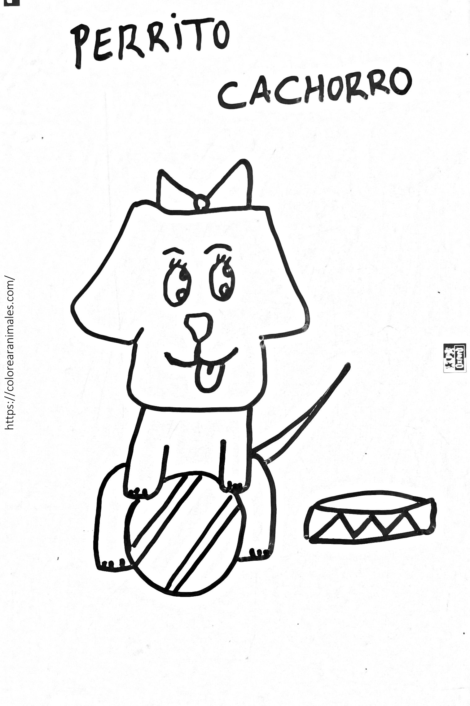 Dibujo para colorear de un perrito cachorro con lazo sentado sobre una pelota junto a un tambor