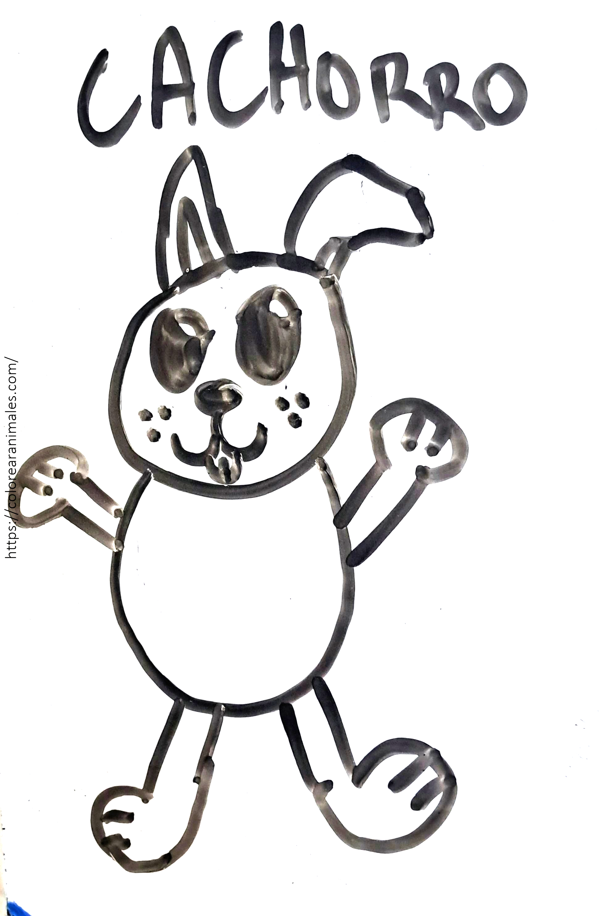 Dibujo para colorear de un cachorro de pie con los brazos levantados y la lengua fuera