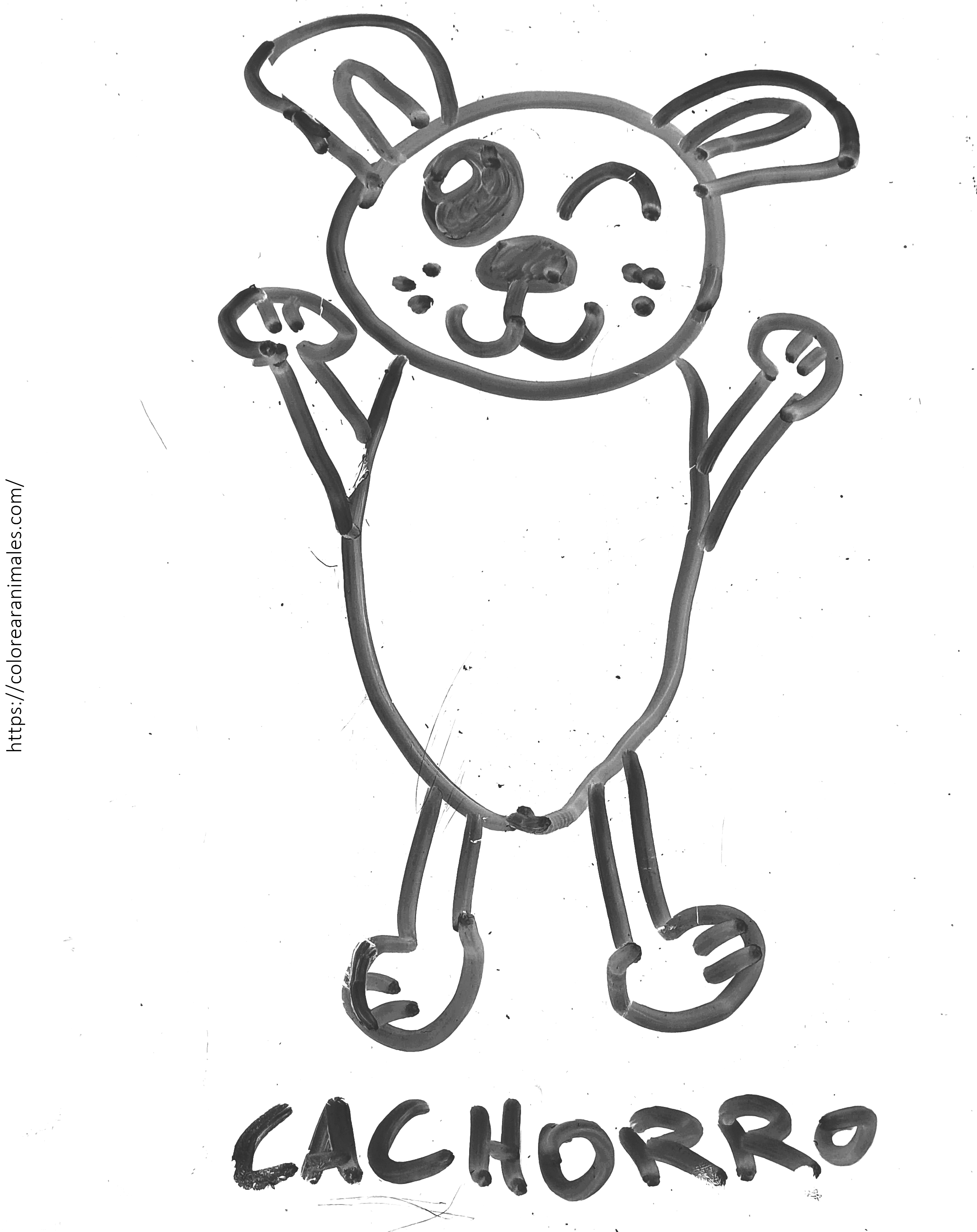 Dibujo para colorear de un cachorro guiñando un ojo con los brazos levantados