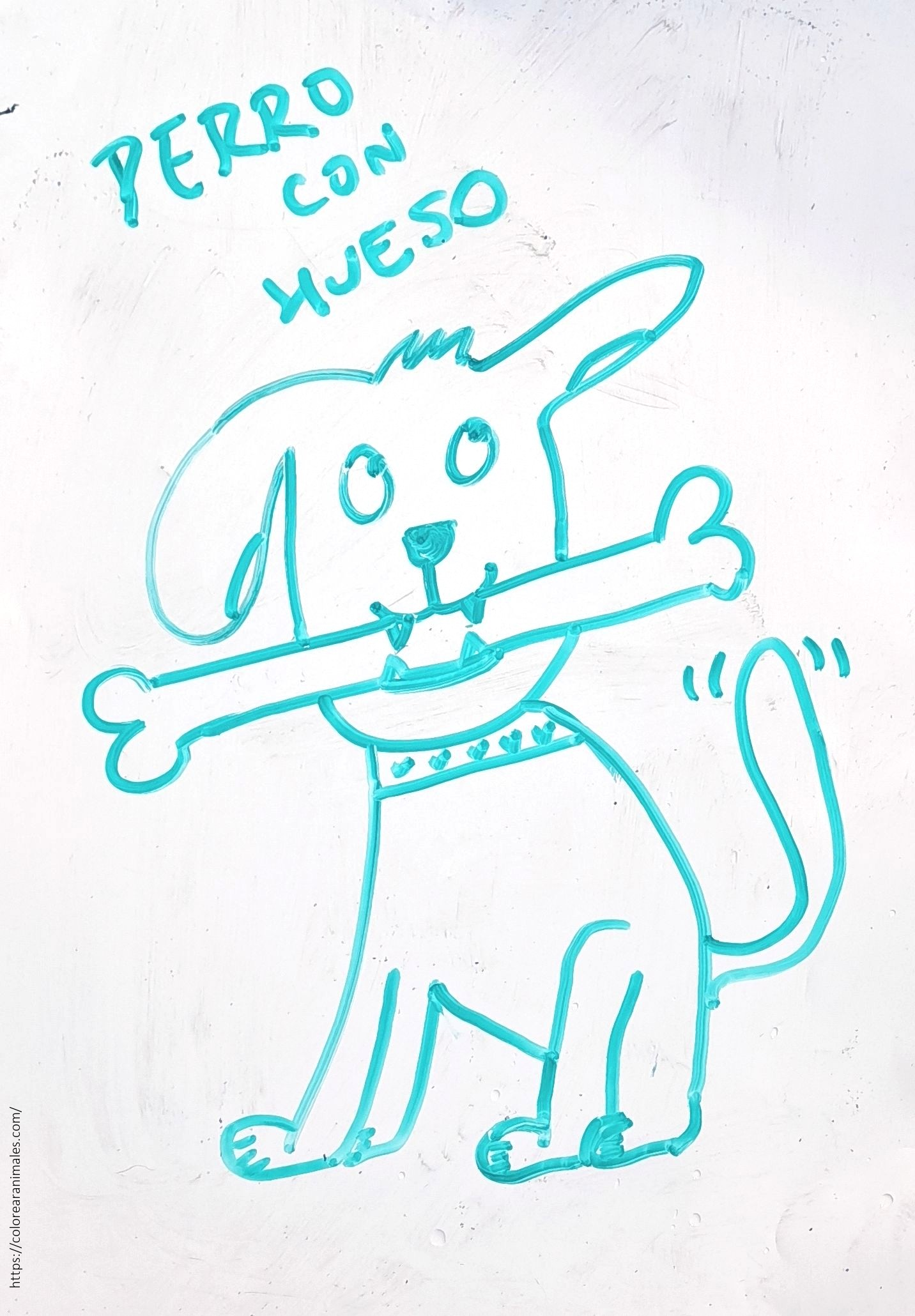 Perro con un hueso grande en la boca para colorear