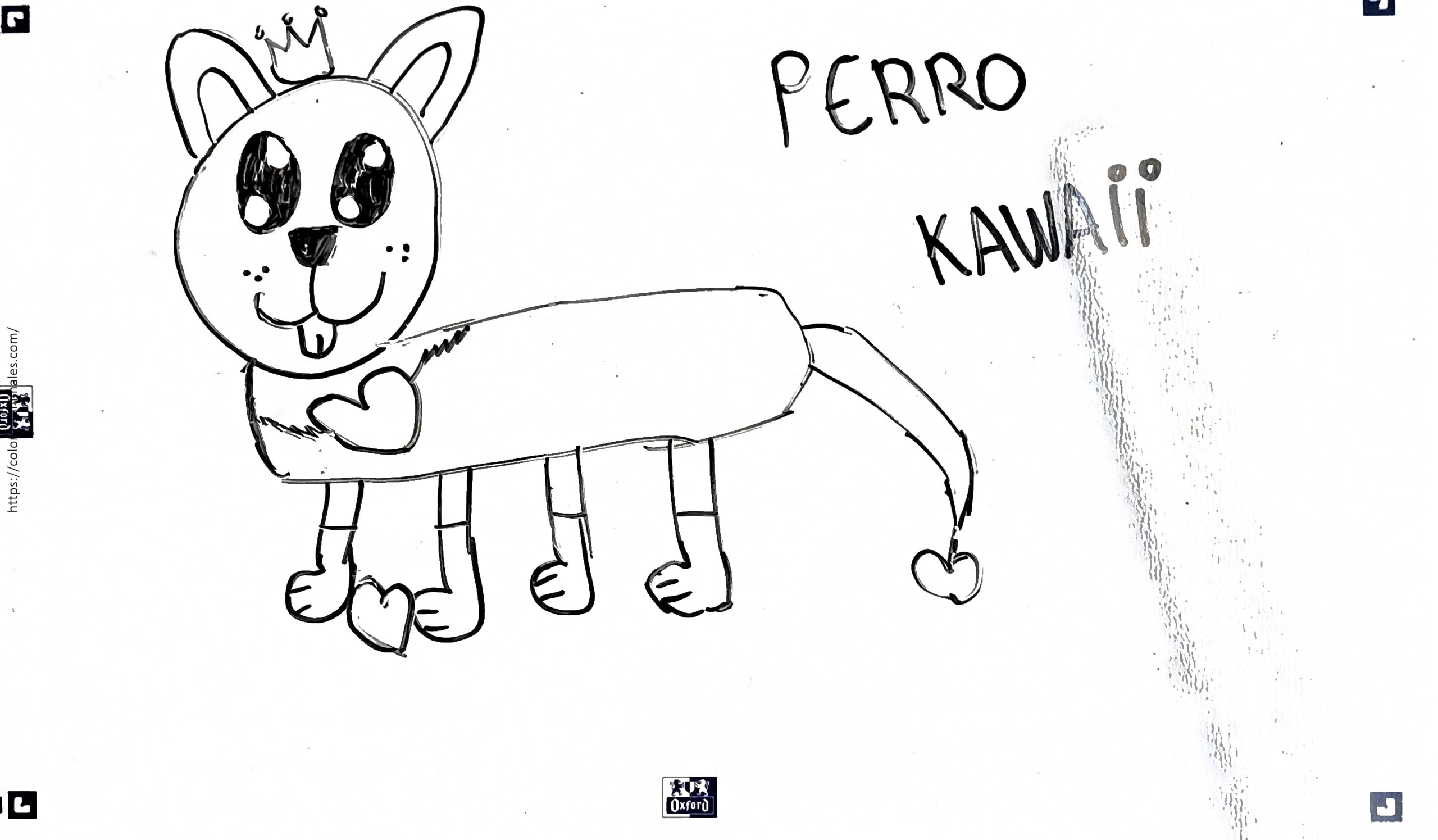 Perro kawaii para colorear con corona, ojos grandes y cuerpo alargado