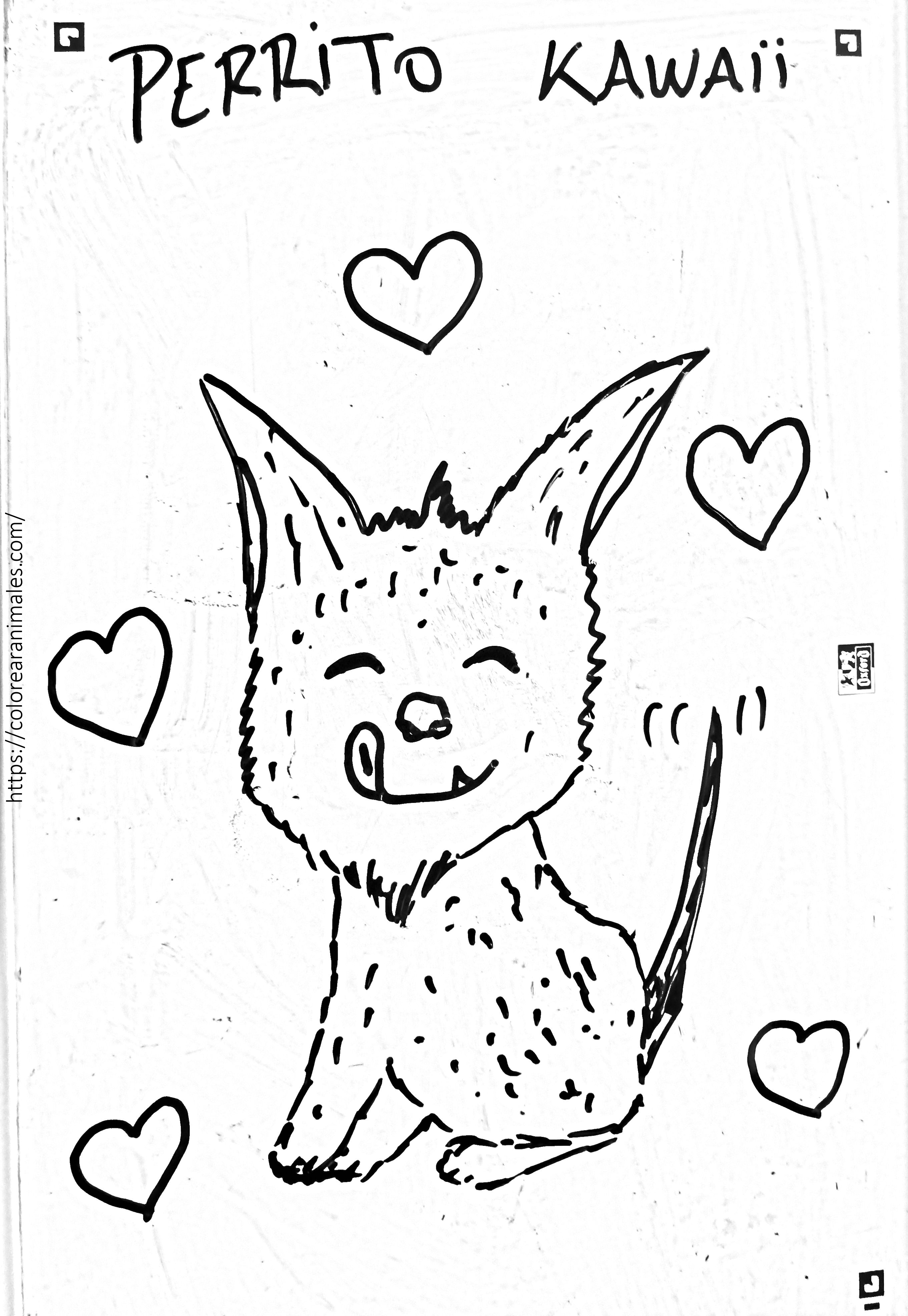 Dibujo para colorear de un perrito kawaii de orejas grandes rodeado de corazones