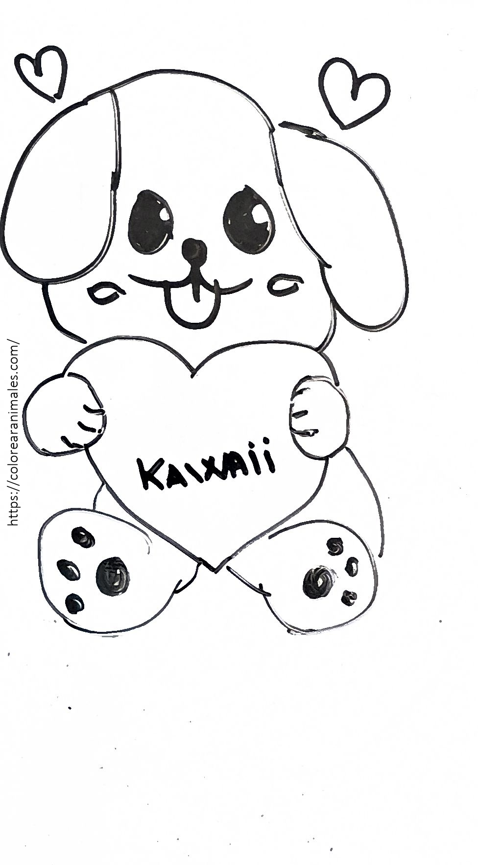 Dibujo para colorear de un perrito kawaii abrazando un corazón